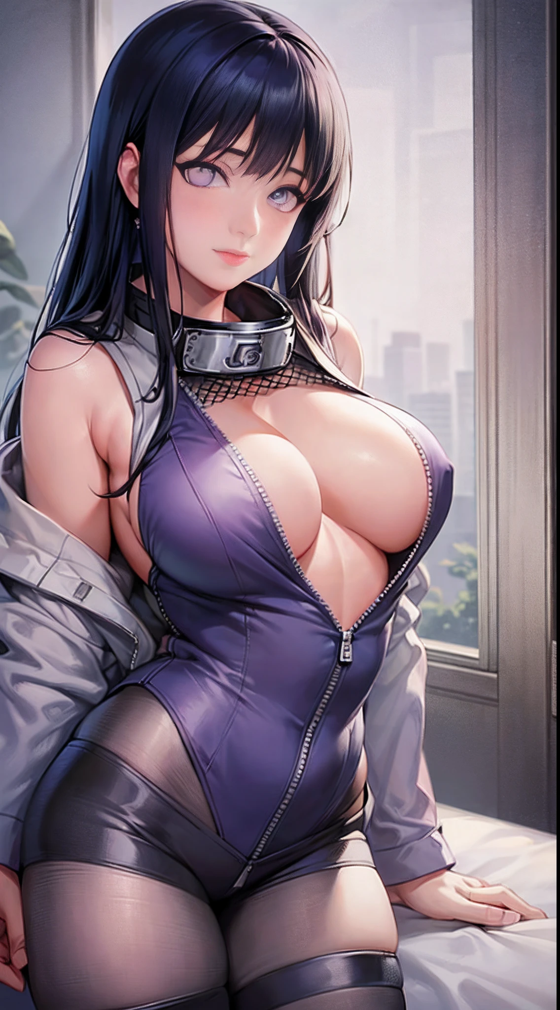 ​masterpiece, high resolucion, high image quality, Detailed Face, Detailed body rendering, 1 gal, Solo, hinata hyuga, Hinata sleeveless outfit, large full breasts, large full breasts, sleeveless shirts, Mesh Tower, dark lips, Unzipped jacket, no bra, Chest out, standing, blushful, (in a bedroom)