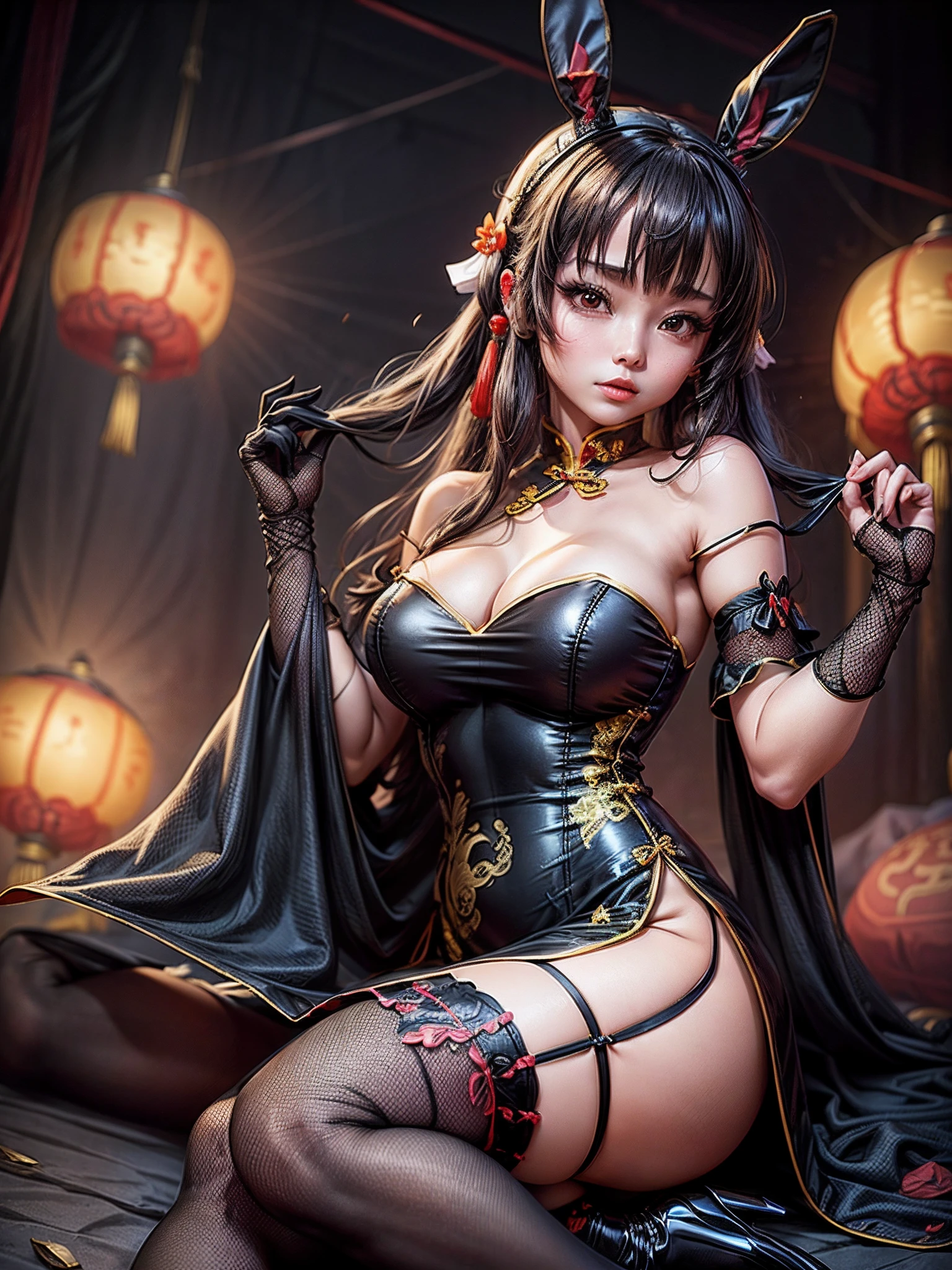 cute girl, china element, (chinese dress:1.5), cleavage, bunny element, (off shoulder:1.1), garter belt, (black bunny head gear, black tights with rough mesh:1.3), high heel,