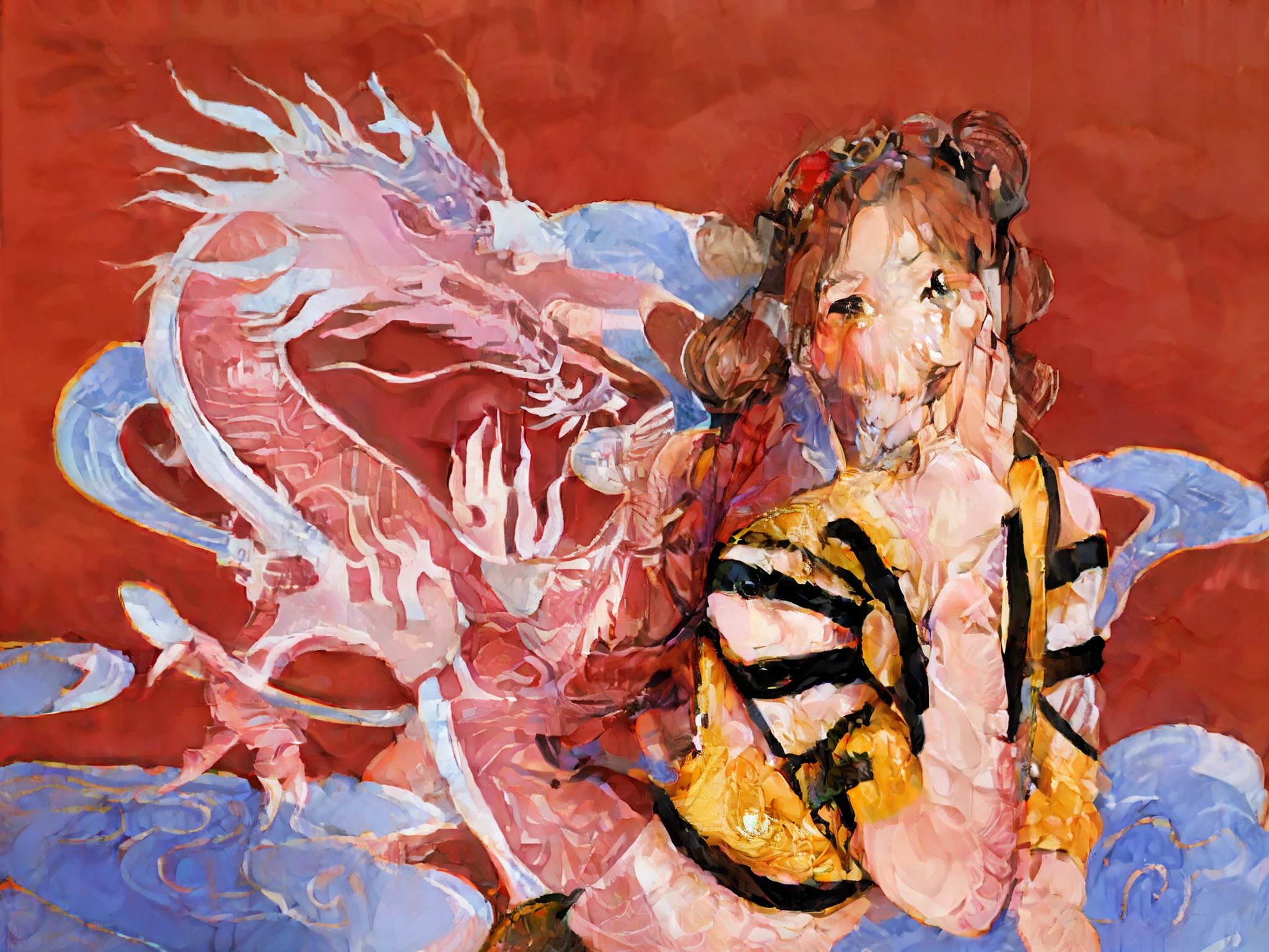 Anime girl sitting on a cloud,Carrying a dragon on your back, Dragon girl, the dragon girl portrait, inspired by Park Hua, A beautiful artwork illustration, inspired by Satoshi Kon, Digital anime illustration, Anime style illustration, anime graphic illustration, satoshi kon artstyle, Exquisite digital illustration, inspired by Tsukioka Yoshitoshi, full color digital illustration,4K