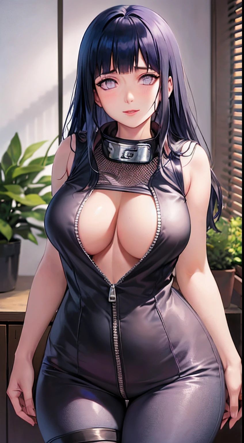 masterpiece, high resolucion, high image quality, Detailed Face, Detailed body rendering, 1 gal, Solo, hinata hyuga, Hinata sleeveless outfit, large full breasts, large full breasts, sleeveless shirts, Mesh Tower, dark lips, Unzipped jacket, no bra, Chest out, standing, blushful, (in a bedroom), varied pose