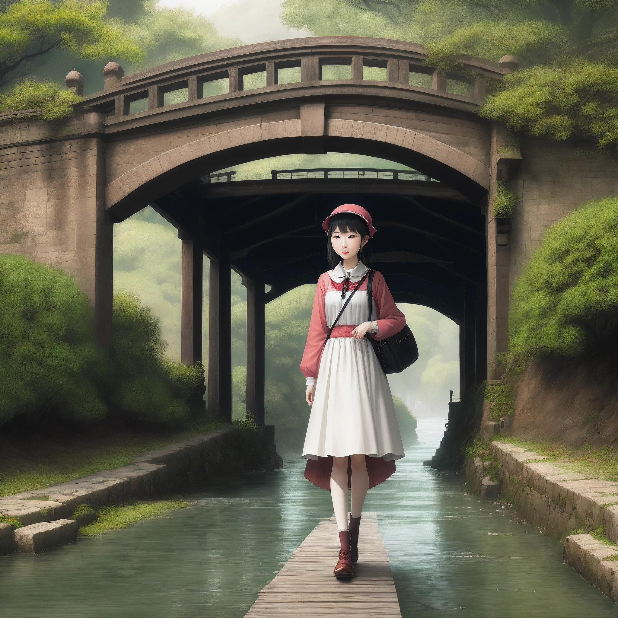 Camellia ancient girl。Holding an umbrella。Stand on the bridge on both sides of the river。It was drizzling。