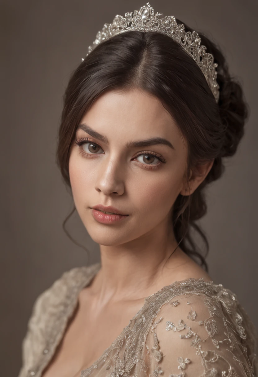 Cabelos escuros compridos , olhos castanhos , morena , baixa estatura, sorriso bonito, rainha com coroa , vestido em tom de dourado, sentada no trono de ferro estilo game of thrones, com muitas joias.