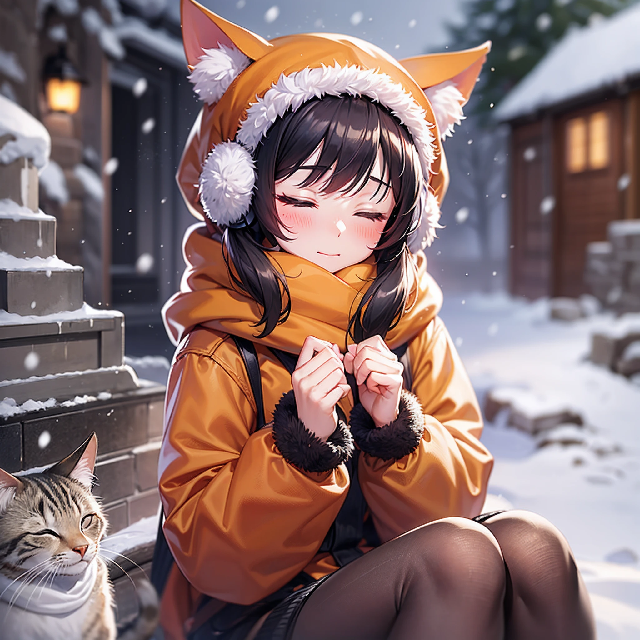 anime style,Catecat,scarf, outdoors, closed eyes, blush, orange scarf, blurry, snow, earmuffs, snowing, winter, blurry background, sitting,facing viewer, orange fur, depth of field, cat,summer,cat, --auto --s2