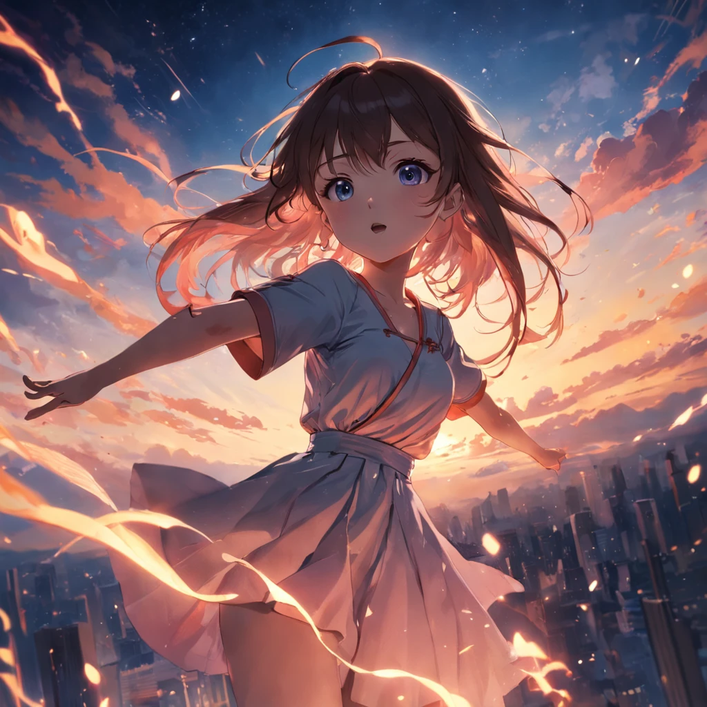 tmasterpiece，best qualtiy，cinematic Film still from，1girl，Floating in the sky，closeup cleavage，brightly，cheerfulness，Warm and soft lighting，the sunset，（spark of light：0.7）