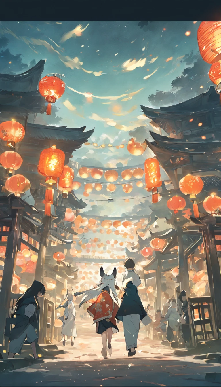 Mid-Autumn Festival、full moon、Two pandas stand and run towards the camera，themoon，As estrelas，Mooncake stalls、The lights will be lit、fire works、tradit、celebrating、enviroment、Plaza、Bamboo lanterns、the night、celebrating、Artistically、device、decor、resource，high definition resolution