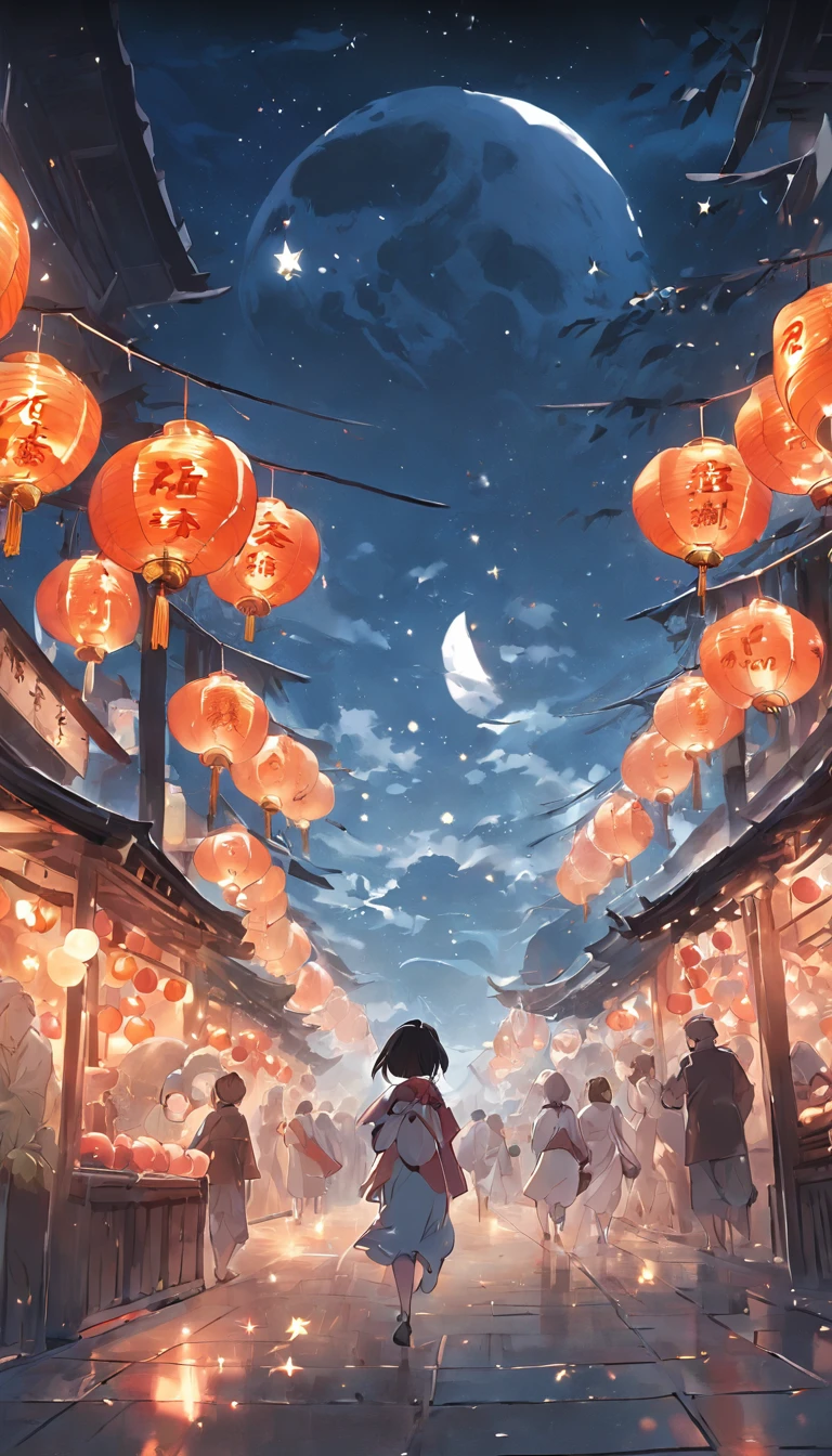 Mid-Autumn Festival、full moon、Two pandas stand and run towards the camera，themoon，As estrelas，Mooncake stalls、The lights will be lit、fire works、tradit、celebrating、enviroment、Plaza、Bamboo lanterns、the night、celebrating、Artistically、device、decor、resource，high definition resolution