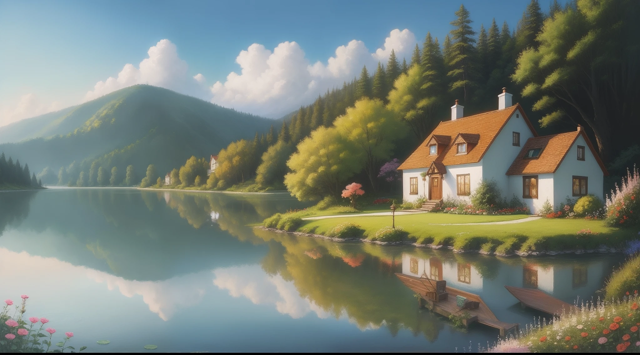 A romantic fairytale lake with a charming cottage nestled on the shore, surrounded by fragrant flowers and quaint gardens, creating a sense of warmth and coziness, Painting, oil on canvas, --ar 9:16 --v 5