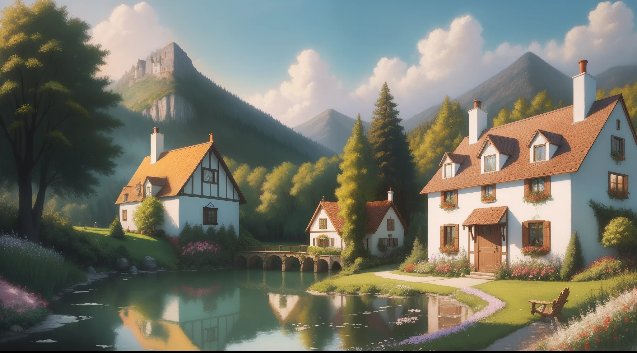 A romantic fairytale lake with a charming cottage nestled on the shore, surrounded by fragrant flowers and quaint gardens, creating a sense of warmth and coziness, Painting, oil on canvas, --ar 9:16 --v 5