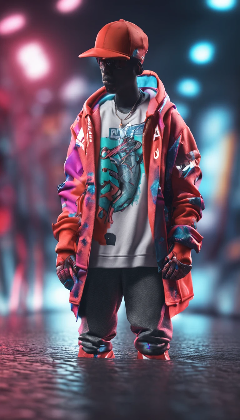 Personagem, garoto, moda urbana, capuz, skate, Photo in studio, fotografia profissional, street wear, 3d character，vray，textura de tecido，Modern devil icon embroidery，double-exposure，Late exposure，side-lighting，Three-dimensional feeling，