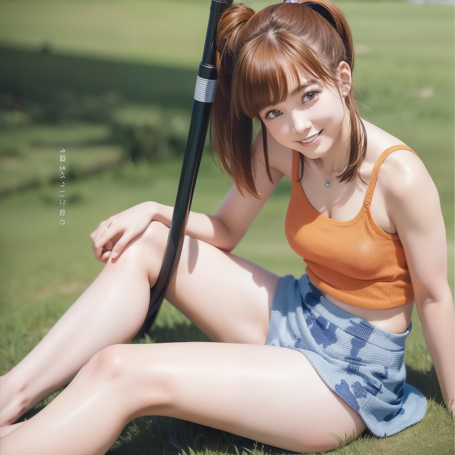 Camouflage pattern tank top、brown mini skirt、A smile、sitting on、Blue underwear、bare-legged、grass field、blue-sky、realisitic、Futomo、long、Side tail、Orange hair、soio、20yr old、chest
