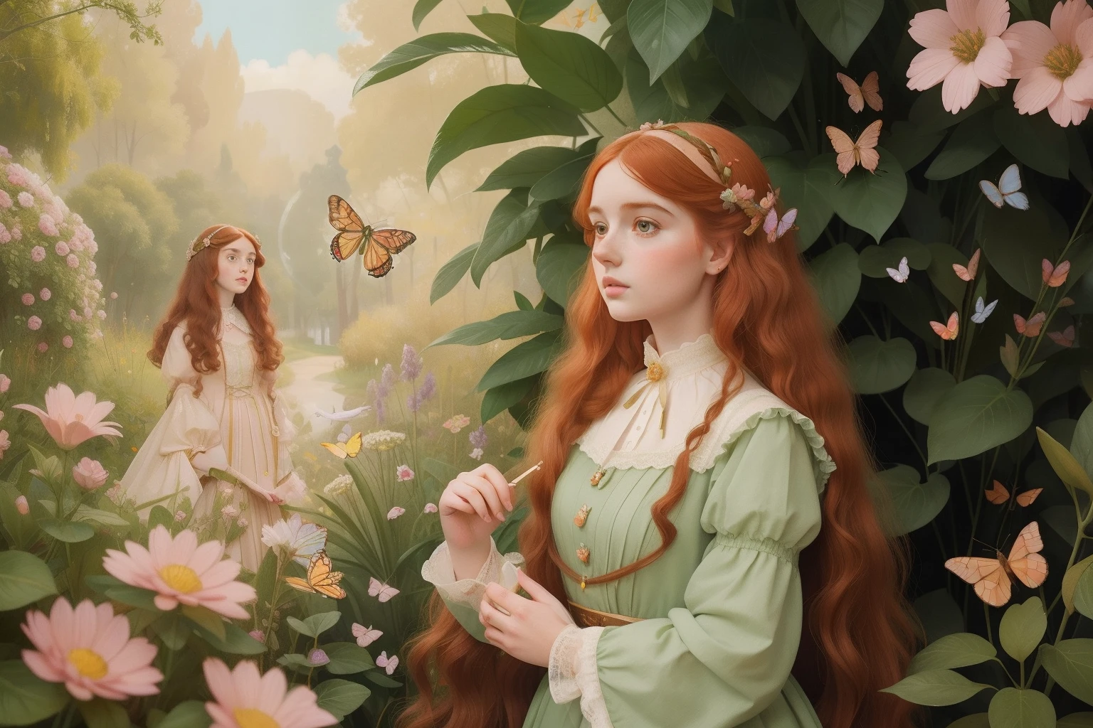 In a delightful fusion of Pre-Raphaelite elegance and Wes Anderson's quirkiness, illustrate a young girl with flowing auburn hair, surrounded by a symphony of pastel butterflies and dressed in a distinctive vintage outfit, as she explores a whimsical, meticulously arranged secret garden.