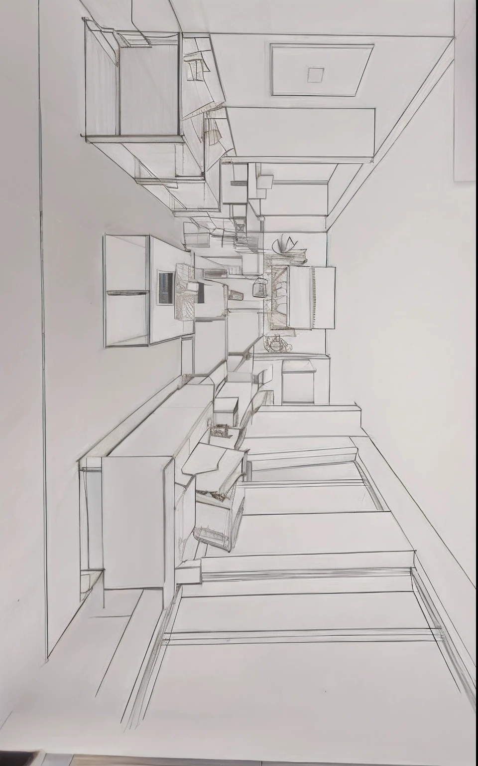 Drawings of a room with stairs and a table with vases, 3 d point perspective, 1-point perspective, 2 point perspective, 2 - point perspective, 3 point perspective, three point perspective, one-point perspective, 5 point perspective, one-point perspective, multi-point perspective, two point perspective, 6 point perspective, point perspective, three point perspective