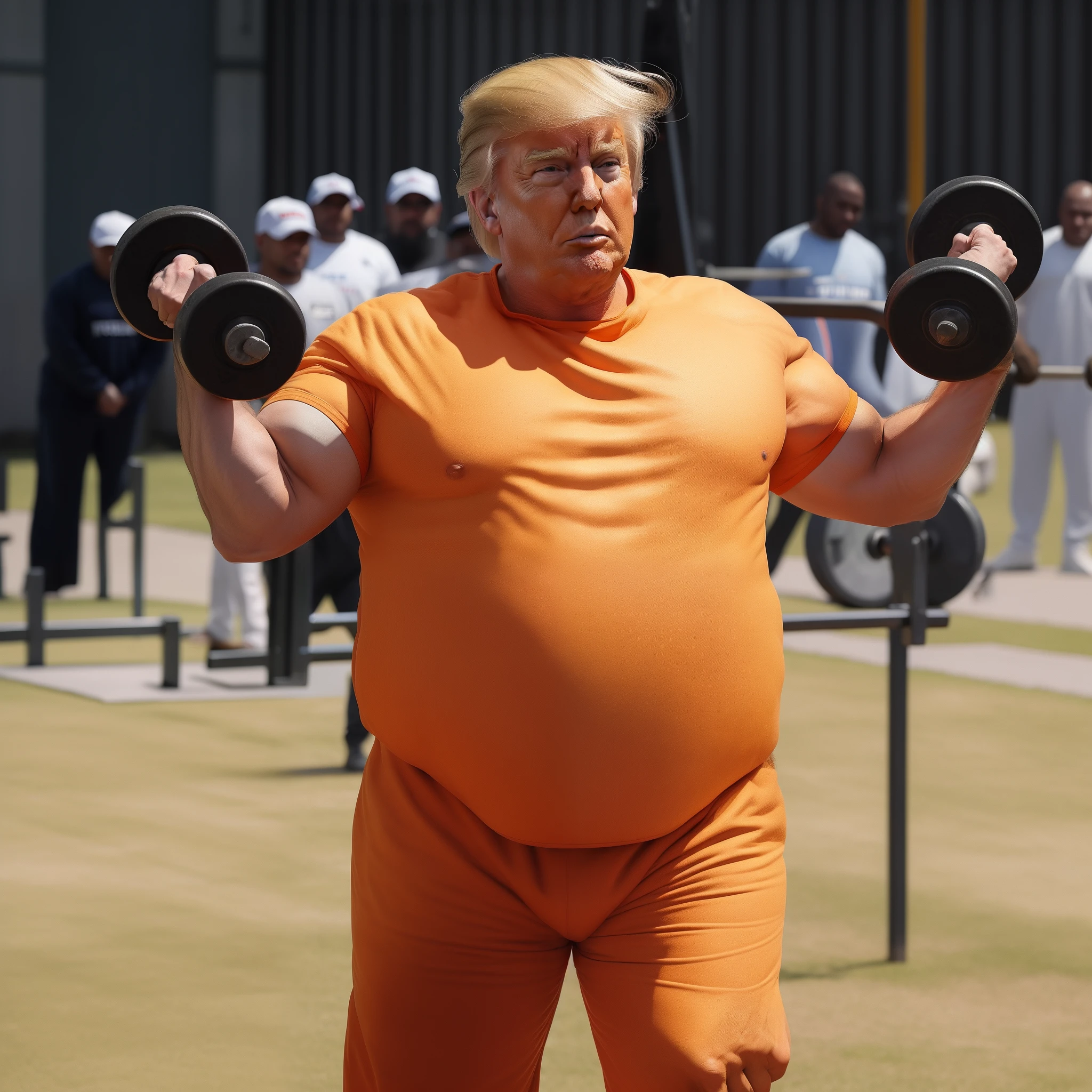 overweight Donald Trump in orange shirt lifting two dumbbells in prison yard, obese donald trump in prison, donald trump in jail and very fat, wearing orange prison jumpsuit with big belly, dressed in orange inmate attire, fat and wearing prison jumpsuit, donald trump as a fat pig