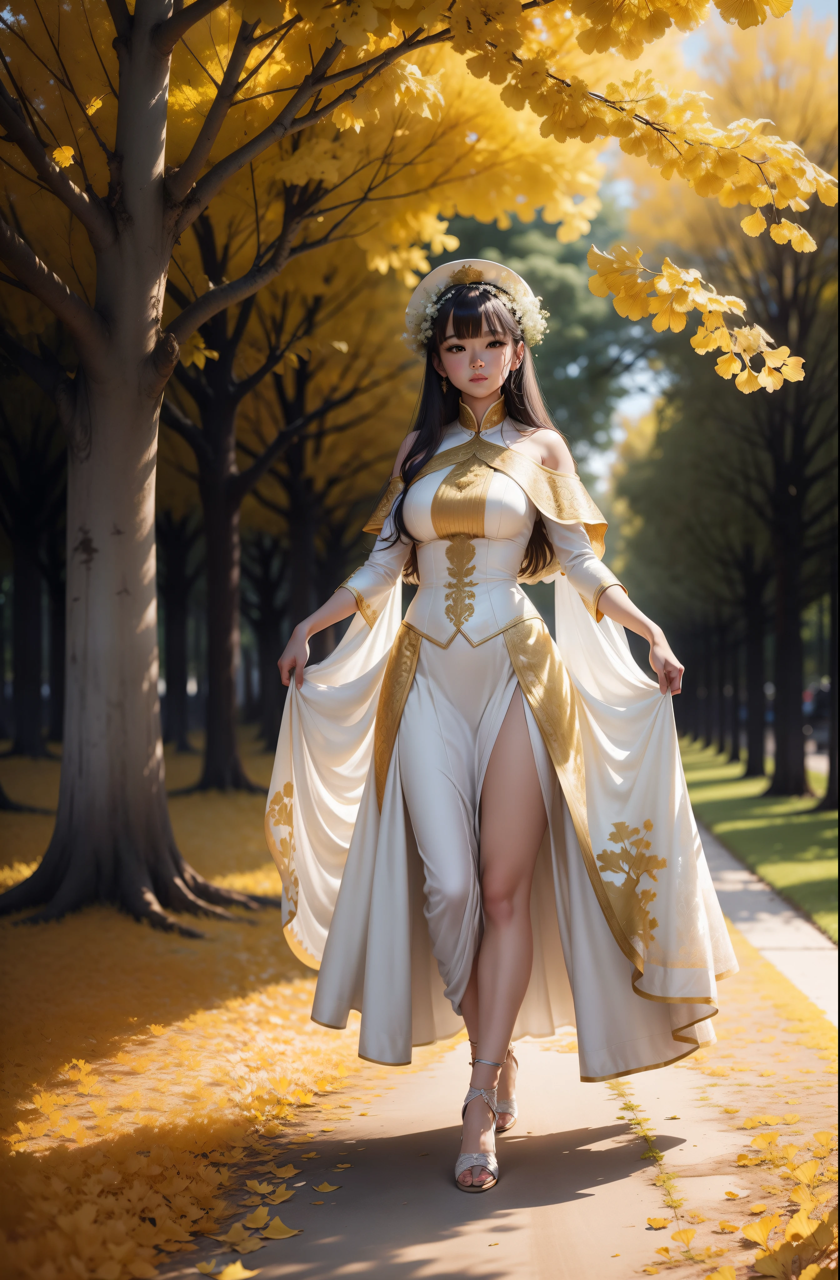Large golden yellow ginkgo,A tall ginkgo tree,The ground is covered with ginkgo biloba,Beautiful girl in white clothes,Finely engraved picture section,Long skirt to the ground,Fine portrayal