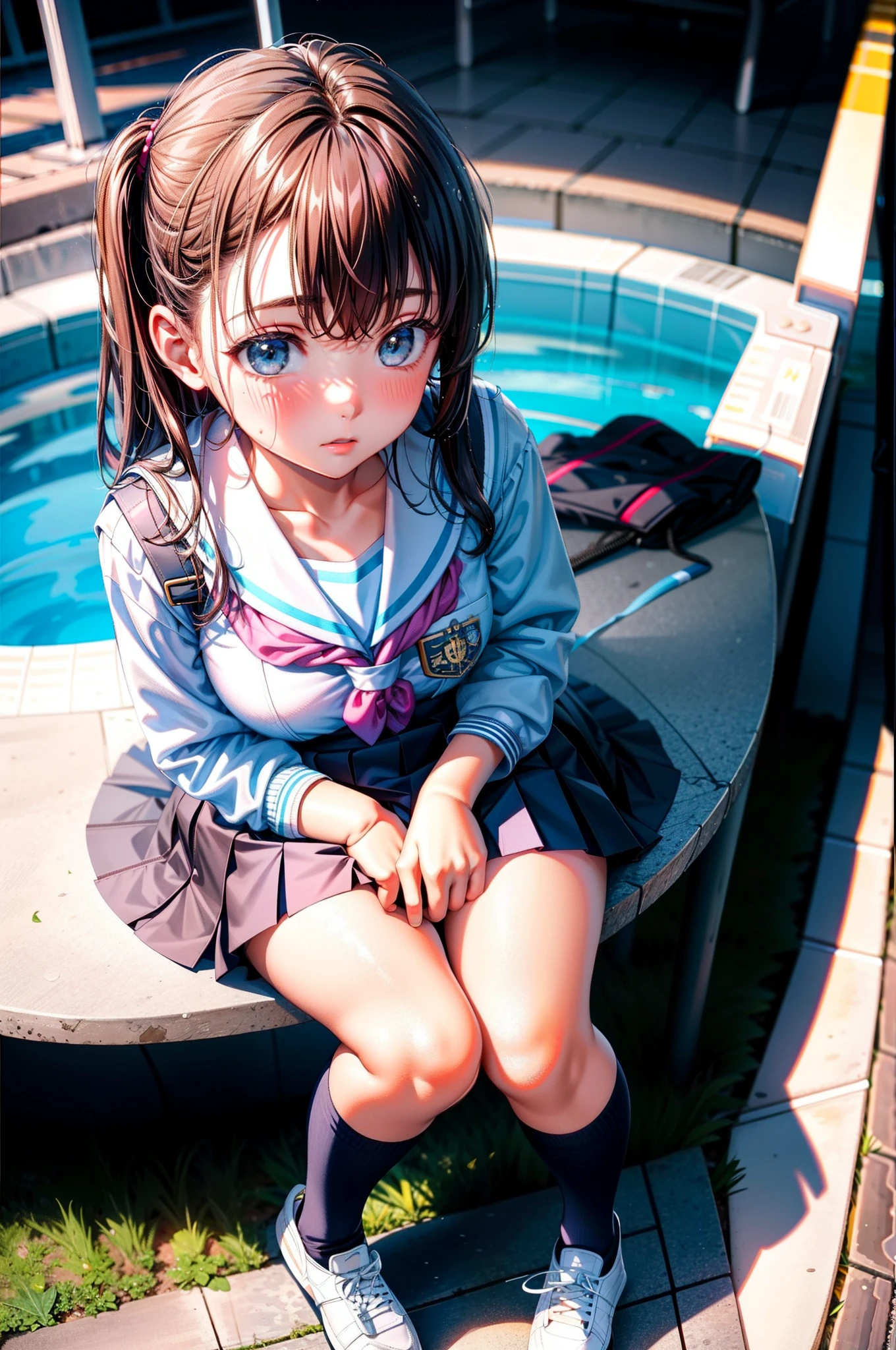 realisticlying，1girll，tmasterpiece，best qualtiy，A high resolution，multi-detail，JK school uniform，Get wet，Sit on your knees，semi transparent，D cup，Blush，exquisite CG，??????? correct