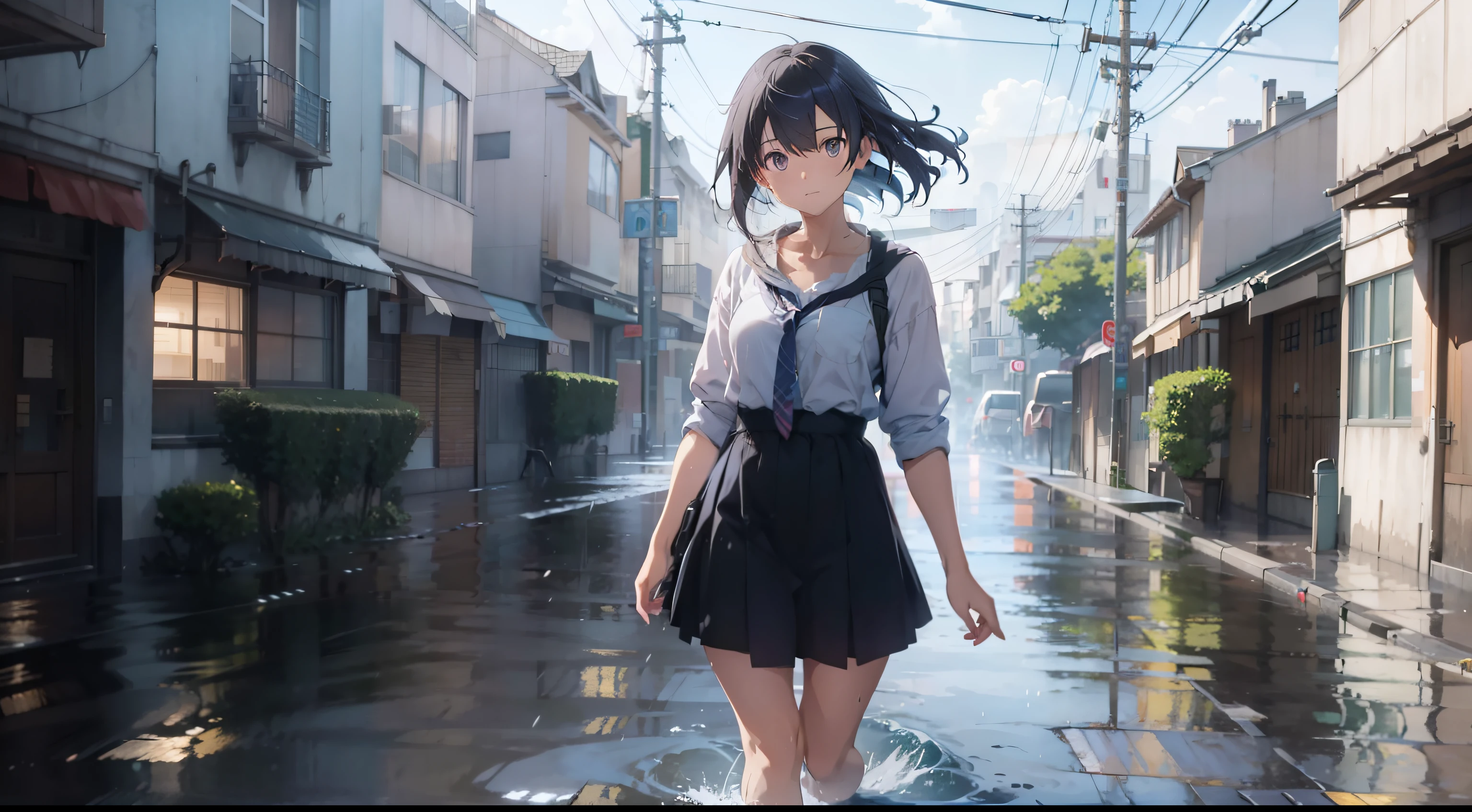 a pregirl，Take a walk through the city streets that flooded her knees with rainwater，The entire street was flooded，Positive underwear rain，The body is lost by rain，Rain creates waves on the surface of the water，plethora of colors，tmasterpiece，Overlooking，Estilo de Makoto Shinkai。