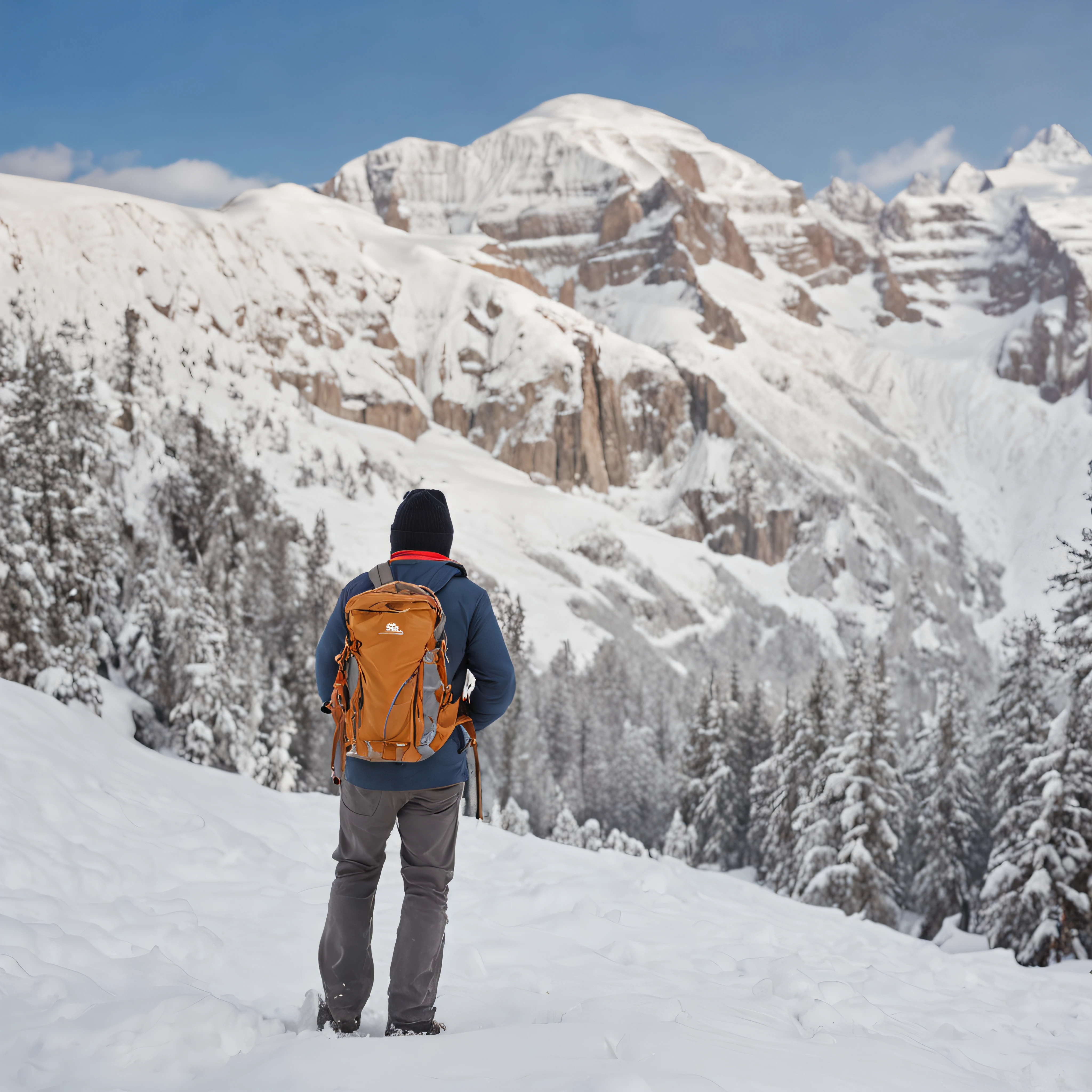 Climb the back of the snowy mountain alone,Very shocking picture,Blue sky