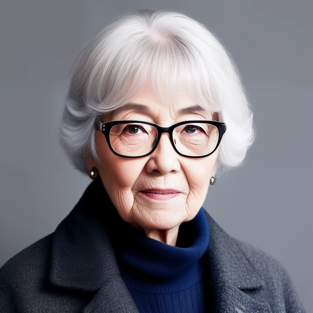 Elderly woman with gentle gray hair。
Wearing a white coat、Wearing small glasses。Photorealistic and、Like a real human。