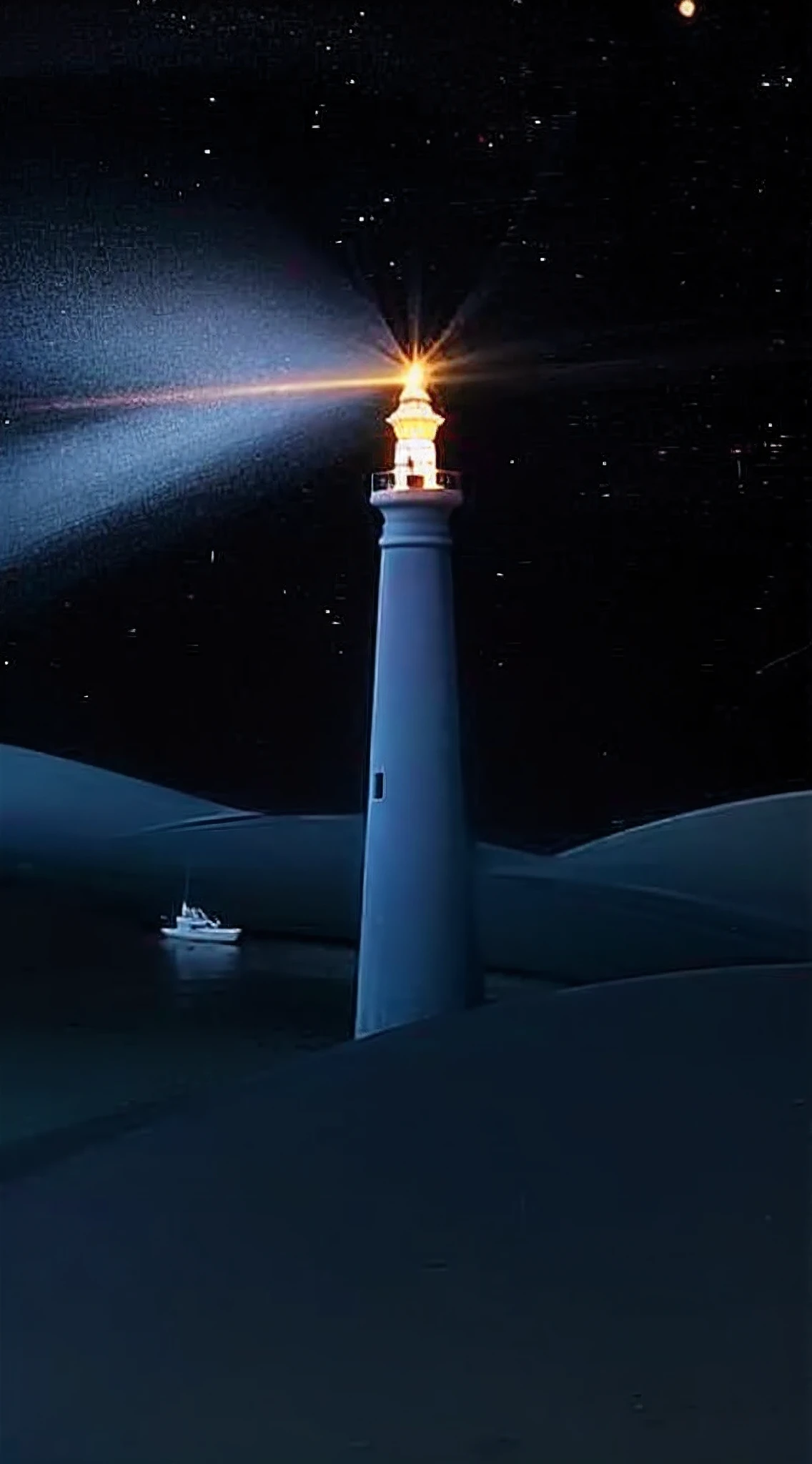 A small boat sailed past the lighthouse，The light of the lighthouse illuminates the hull，The lighthouse is shaped like a pen，Silhouette of someone on board，A lighthouse on the sea，the night，The starry sky is brilliant。