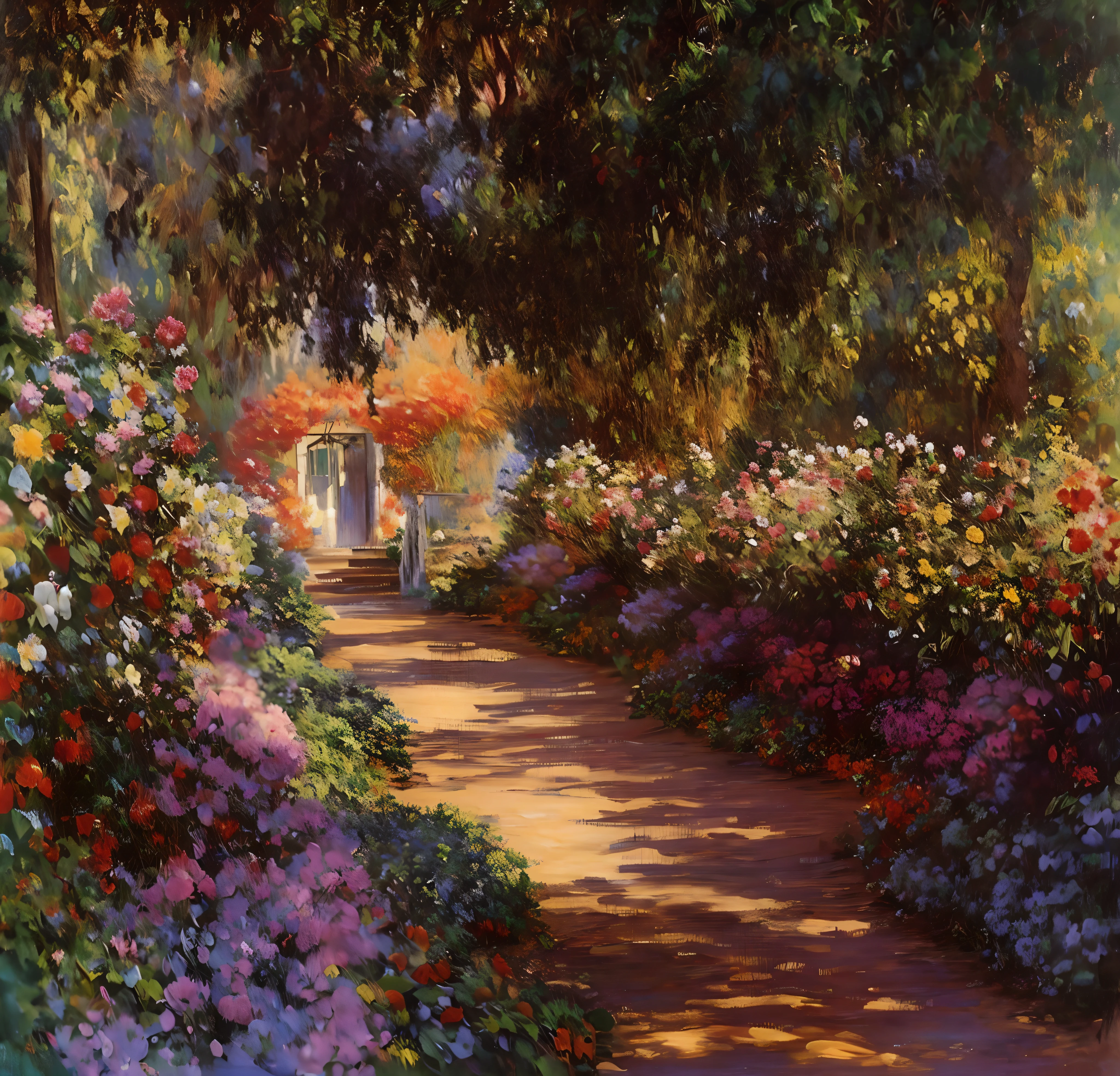 a painting of a path in a garden with flowers and trees, Directed by: Claude Monet, Directed by: Claude Monet, Cláudio Monet), por Monet, pintura muito, Carlos Muitos, jardim com flores, muito pintado, muito. Stunning lighting, Directed by: Blanche Hoschedé Monet, no jardim, Romantic Impressionism, paisagem do jardim, estilo de muito, em um jardim, Estilo de Claude Monet