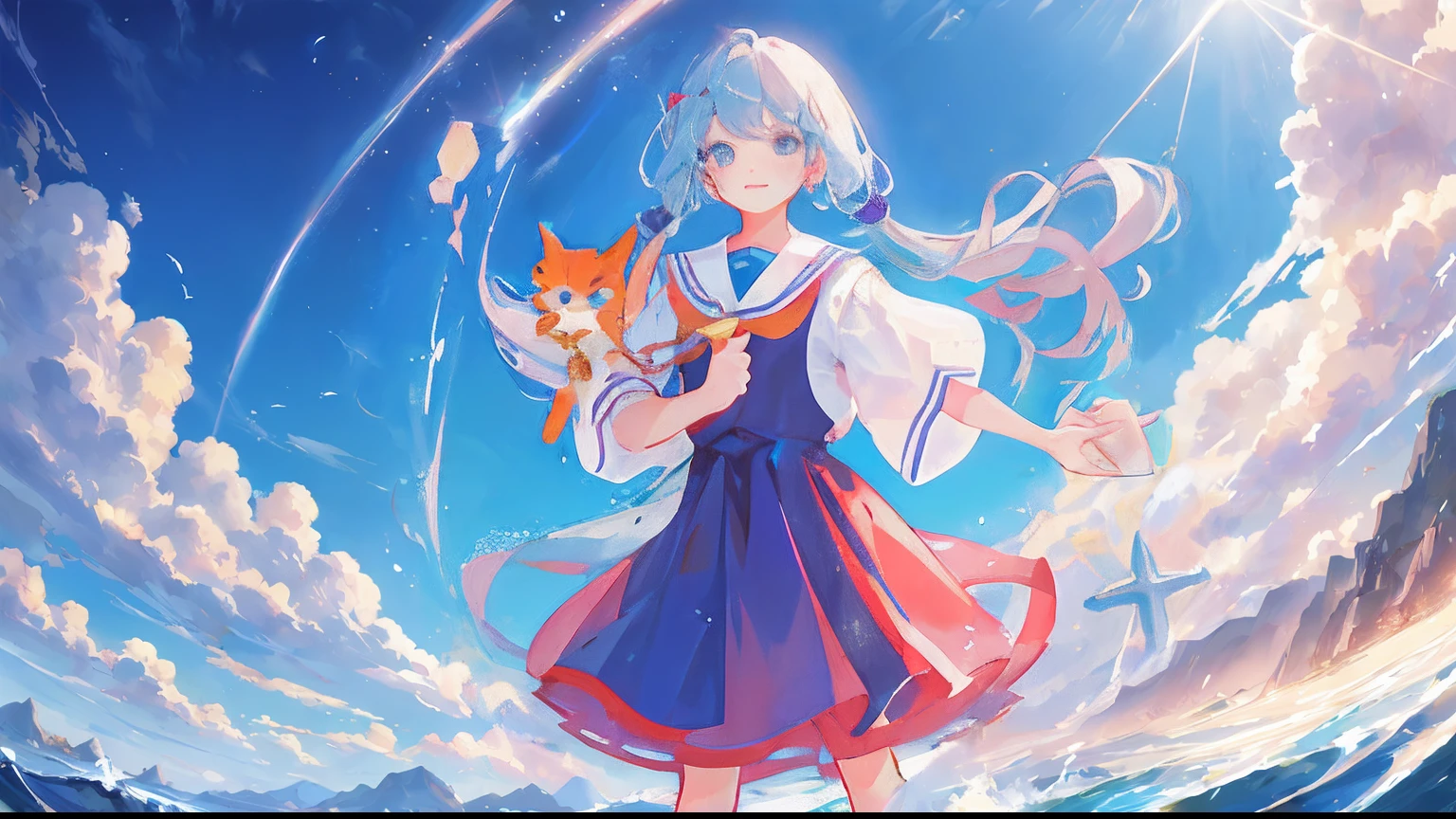 Cancel the middle girl,Don't be characterized,Only the background is needed,Clean skies,Below is the sea