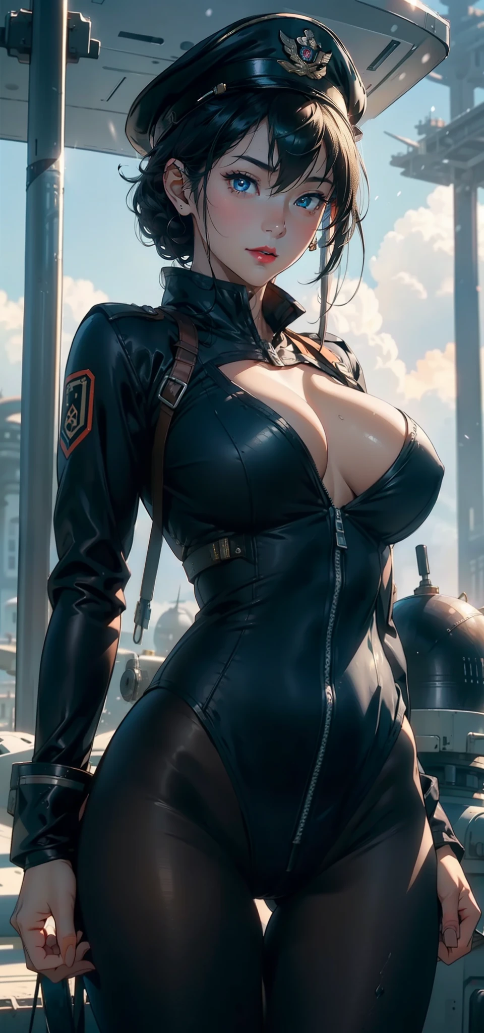 1female,35yo,plumw,extremely large bosom, 独奏,(Background with:Huge machinery,droid,aerodrome,Planes,Huge mechanical armor,) She has very short black hair,bobo head,Stand on the plane,,seen from the front, hair straight, mostly cloudy sky,(((tmasterpiece),(Very detailed CG unity 8K wallpaper),best qualtiy,cinmatic lighting,detailed back ground,beatiful detailed eyes,Bright pupils,Blue eyes,Snow-whiteskin,Redlip(Very fine and beautiful),(Beautiful and detailed eye description),ultra - detailed,tmasterpiece,))facing at camera,A high resolution,ultra - detailed),revealing breasts,Bare genitalia, Bulge,legs are open,Raised sexy,Camel toes,Flushed complexion,Desire for dissatisfaction,frontage,Chinese Air Force,Aviator,Officer's cap(Wearing:Dark green baseball jacket,Black pantyhose,Bare breasts)scifi style