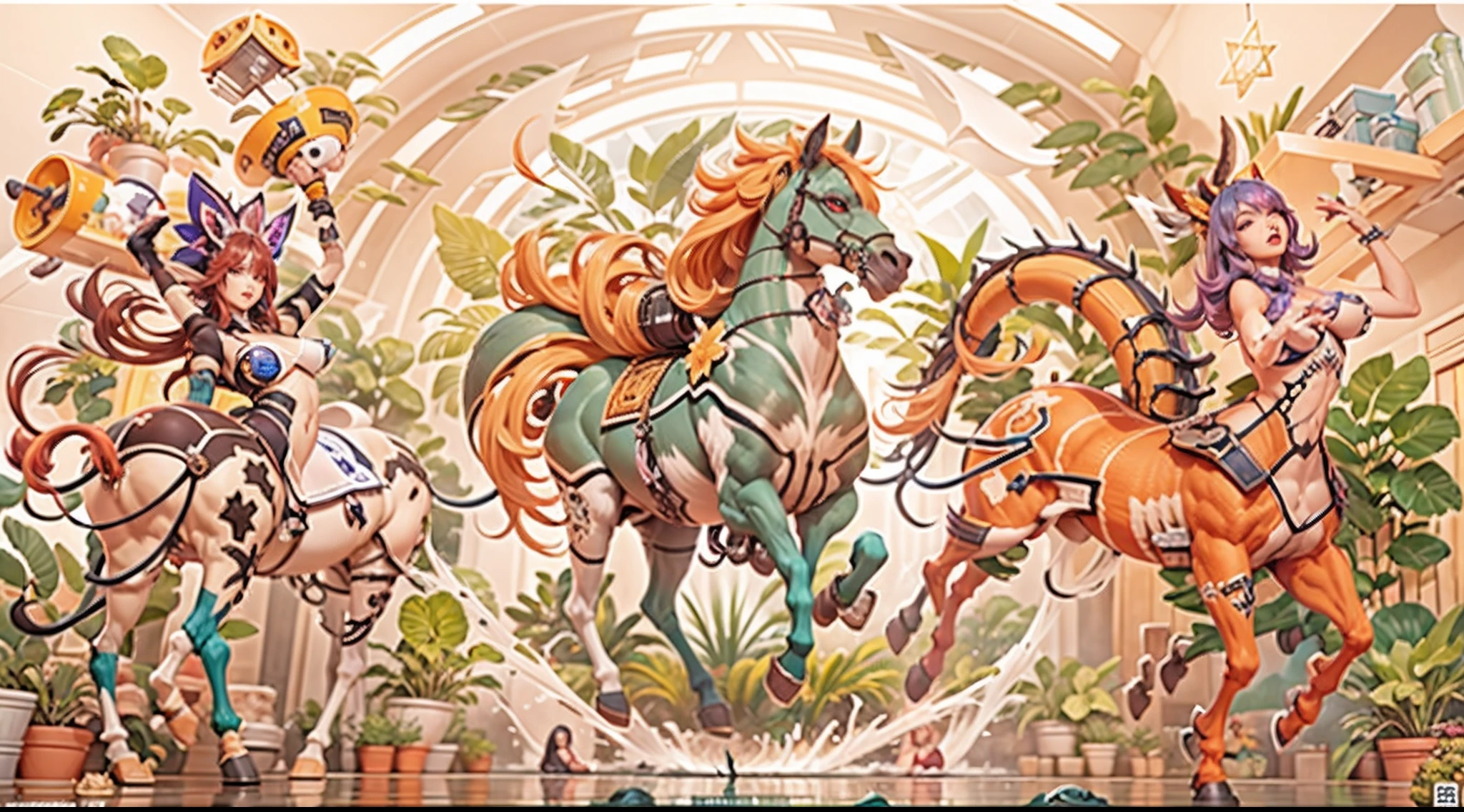 In the beautiful illustration of this super-grand scene,The ultra-long-range lens is shown(Over eight unique centaur characters:9.9),They all have their own characteristics,Vivid and interesting。Radiant angelic centaurs from the heavenly realm,To the hellish centaurs surrounded by nightmarish flames,And then to the Wind Fairy Centaur dancing in the air,There are also one-horned centaurs surrounded by thunder and lightning,and mechanical centaurs that shine with metallic light,And then to the powerful dragon centaur with colored dragon scales covering the whole body,The elegant and agile elf centaur always wears a flower crown with its slender graceful lines,Enchanting and charming Tiflin centaurs。Each character has their own unique charms and abilities。The illustration uses advanced artistic techniques and tools,(Divide the scene into sections by geometric arrangement:9.9),Each section corresponds to a centaur character,This makes more efficient use of space。Through Midjourney's advanced brush tools、Color palette、Material packs and model packs,For each centaur, beautiful props are designed to increase racial characteristics、Clothing and physical features,Enhances the character's personality and visual appeal。The scenery in the illustrations is stunning,There are changing skies、rainbowing、extreme light、Stars and Moon。Incorporating iconic landmarks such as Mount Everest,and fireworks、tranquil lake、Natural and urban elements of waves and neon lights,Creates a magical atmosphere。The centaurs display their unique abilities and equipment in a variety of environments,This is true even in extreme alien landscapes。(Use Midjourney's tools、Material packs、Texture tools、The color palette makes depicting details vivid and realistic:9.9),From complex hairstyles and as well as different racial traits、Body、Appearance features、Clothing to real textures,This greatly enhances the realism of the characters and surroundings。The fusion of multiple art styles adds movement to the centaur's