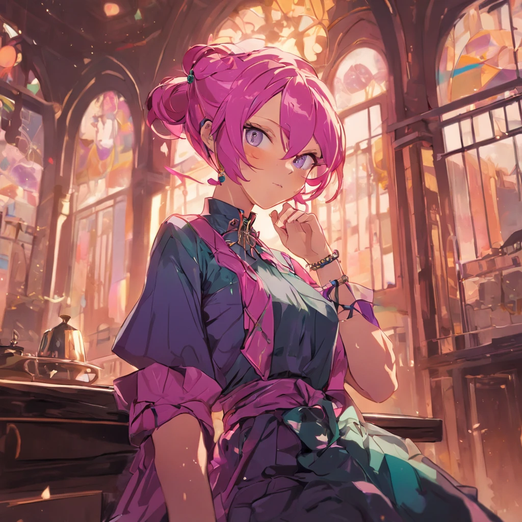 An ultra high-resolution photograph of a stylish cyberpunk gothic flat chested Eurasian librarian immersed in relaxation at a trendy café in the Philippines. With (vibrant rainbow colored blue green pink orange hair) elegantly tied in a bun, she adorns brass colored glasses, and is dressed in a stunning (purple Victorian-inspired dress). Seated by a window, basked in the warm glow of natural daylight, the hipster decor perfectly complements her aura. Shot with a wide-angle lens, capture the intricacies of the café's interior, showcasing every exquisite detail. by Annie Leibovitz, Nikon D850, Nikon AF-S NIKKOR 24-70mm f/2.8E ED VR lens, capture this image using a medium shot, ambient light setting, ISO 100, shutter speed 1/125, aperture f/2.8, this visually stunning image demands a staggering 8k resolution.