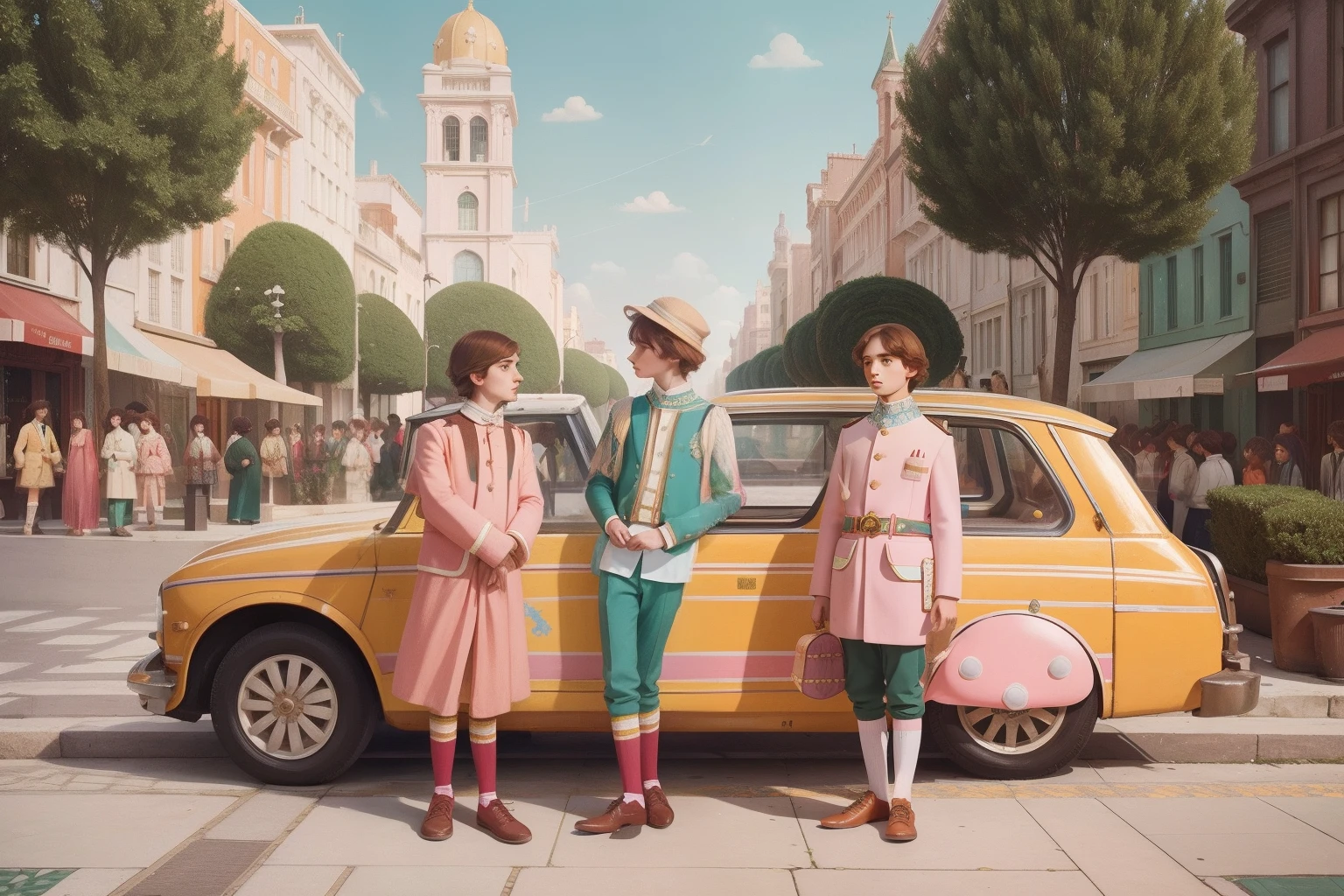 Capture the enchantment of Pre-Raphaelite art infused with Wes Anderson's storytelling charm: a teenage boy, wearing a meticulously coordinated pastel costume, navigating a surreal urban landscape filled with oversized candy sculptures and playful art installations.
