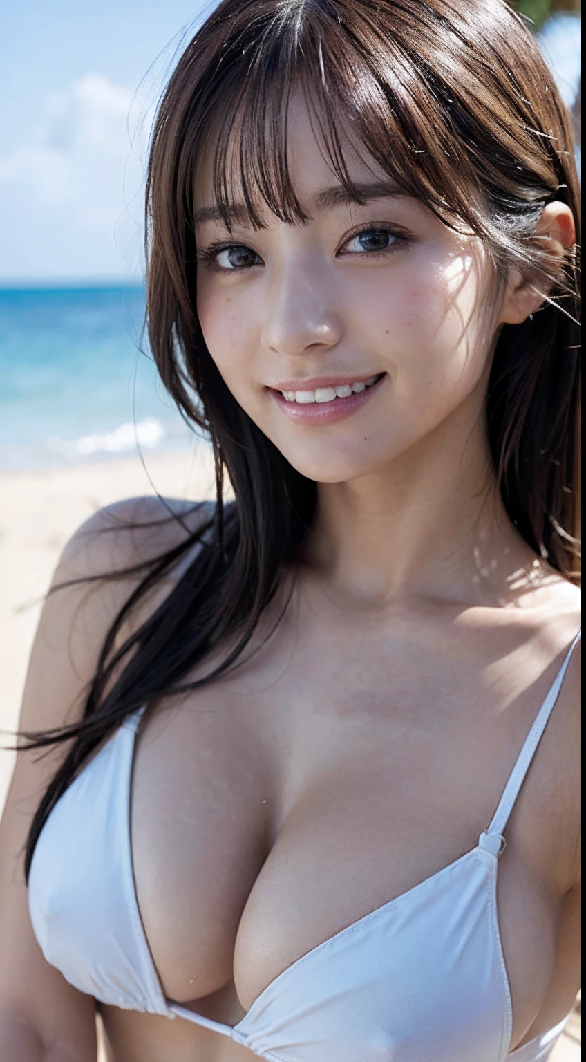 (top-quality:1.3)、(realisitic:1.15)、Unity、8k wallpaper、Official art、(Highly detailed CG Unity 8k wallpaper:1.3)、(ultra-detailliert:1.2)、(hight resolution:1.2)、Physically-based rendering、ultra-detailliert、magnifica、(finely detail:1.25)、Perfect Anatomy,1Man Woman、(a pixie cut)、(Smile Face:1.1)、Slim Face、Pretty Lady、hyperdetailed face、Detailed eye、二重まぶた、Kamimei、perfect teeth、Perfect tooth alignment、(glistning skin)、(sun-kissed skin)、(real looking skin)、View、Blurred background、(Large breasts)、(Chest to head)、frontage、Slim Face、the beach、profetional lighting、Lighting the face、best light,(Adult Bikini)、Enako