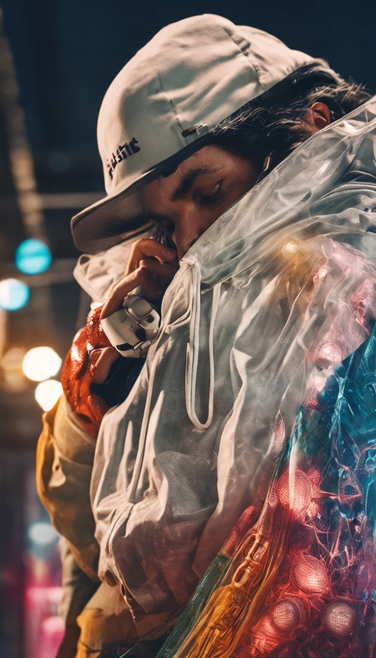 iconic character, Moda urbana, capuz, Photo in studio, fotografia profissional, street wear, personagem 3D,altamente detalhado,textura de tecido,Modern embroidery with incone,double-exposure,Late exposure,side-lighting,Three-dimensional feeling