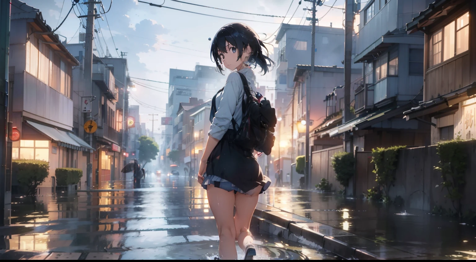 a pregirl，Take a walk through the city streets that flooded her knees with rainwater，The entire street was flooded，Positive underwear rain，The body is lost by rain，Rain creates waves on the surface of the water，plethora of colors，tmasterpiece，Overlooking，Estilo de Makoto Shinkai。