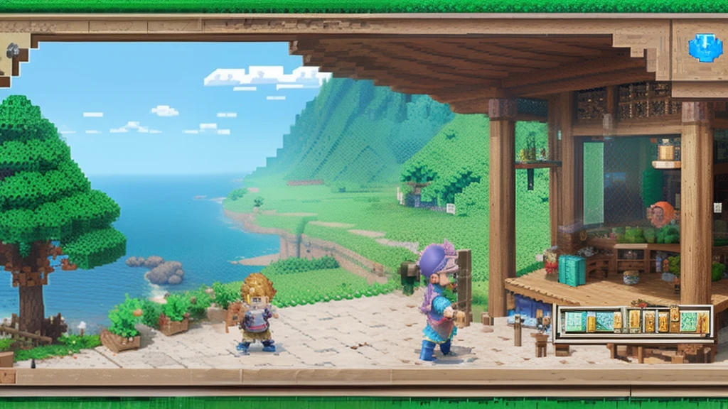 鸟山明风格，Flat pixel games《dragon quest》，Game scene design，（a paradise：1.4），16-bit pixels