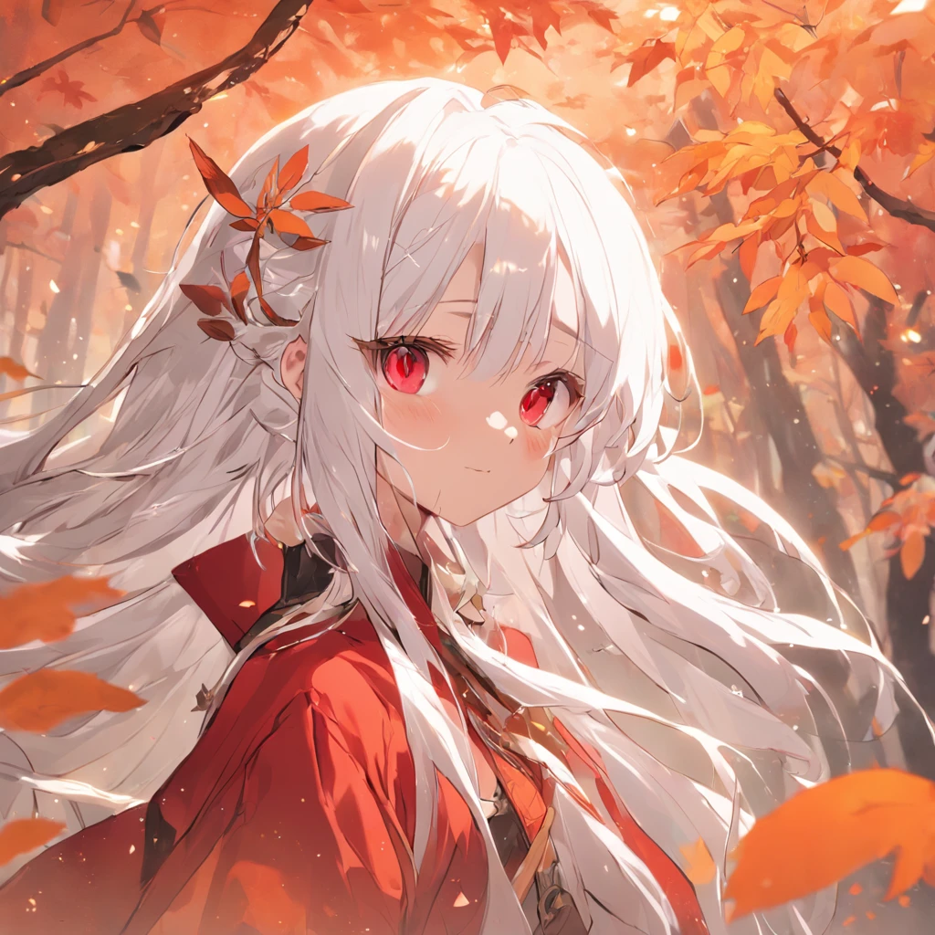 shiny white hair、Neutral face、Red eyes、Rich in color、Beautie、Wearing white clothes、well-styled、小柄、Super beautiful、high-level image quality、4K、8K、Round ears like tanuki are visible、In the wilderness、autumnal、Colored leaves、two people、Full body like、Being under a tree with autumn leaves