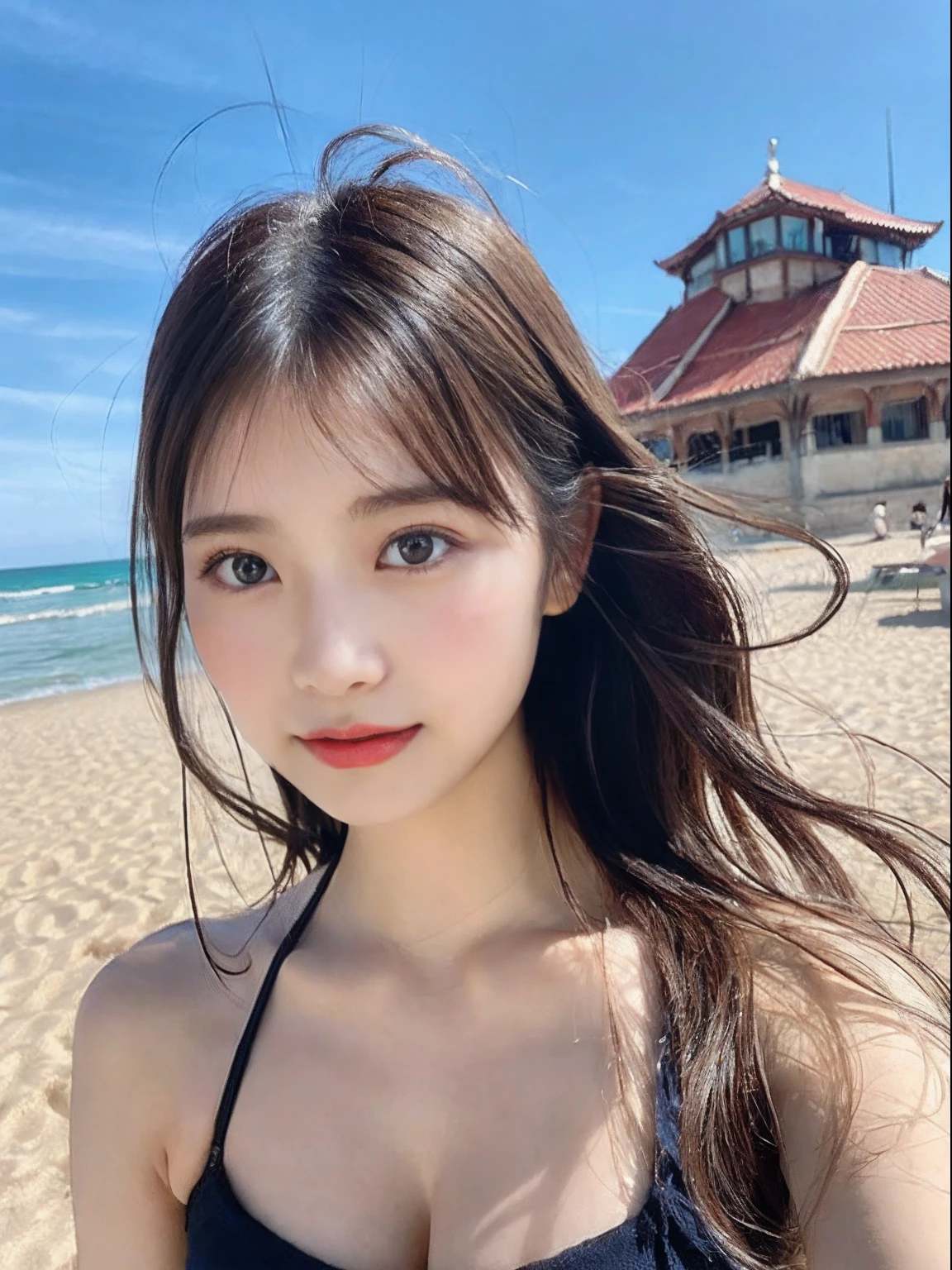 Beautiful detailed CG Unity 8k wallpaper of incredibly cute girl, Racy Bikini, Sky blue long hairstyle, Perfect symmetry face, Glowing skin, Cleavage breasts, Luminous Baroque architecture with gorgeous growth, swim wears、cute little、real looking skin、lifelike face、full bodyesbian、Mare、Dating Golden Hour Writing, strong rimlight, intense shadow, ArtGerm, Beautiful Ocean Beach, Beautiful sea, A clear day, hair blowing in wind,