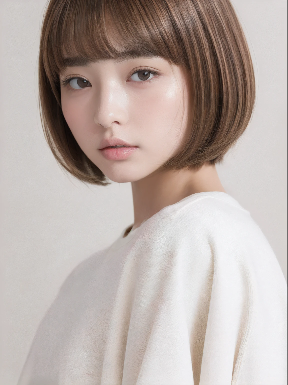 top-quality、masterpiece、hight resolution、1girl in、独奏、Raw photo、Real person、Detailed skin、japanes、a blond、thin bunches of bangs、short-hair、bob cuts、Rear head、fully body photo、Sweatshirt、White Room、white walls