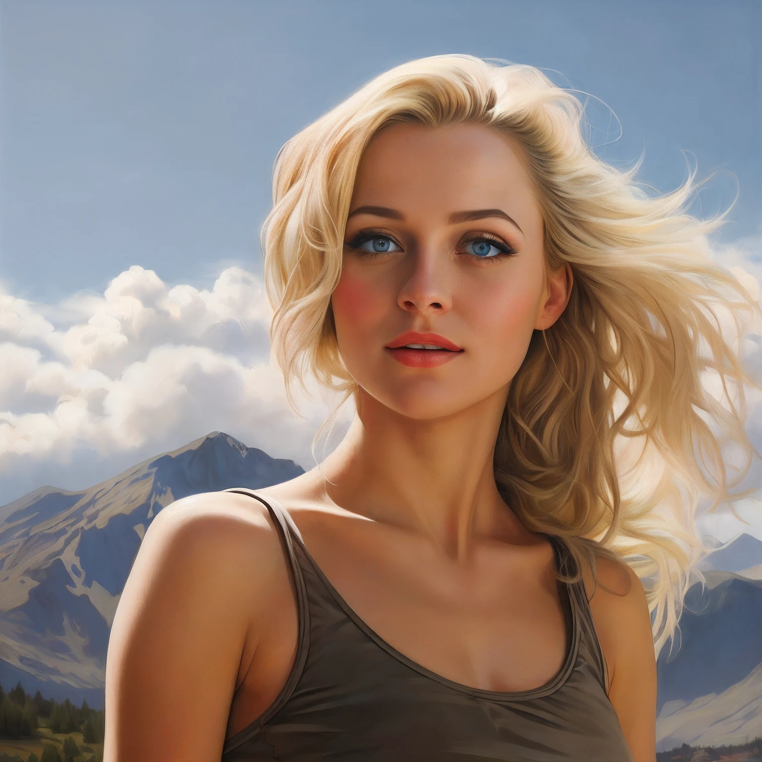 A colored pencil sketch of a beautiful swedish farm wife. crystal blue eyes. rosy complexion. full lips.