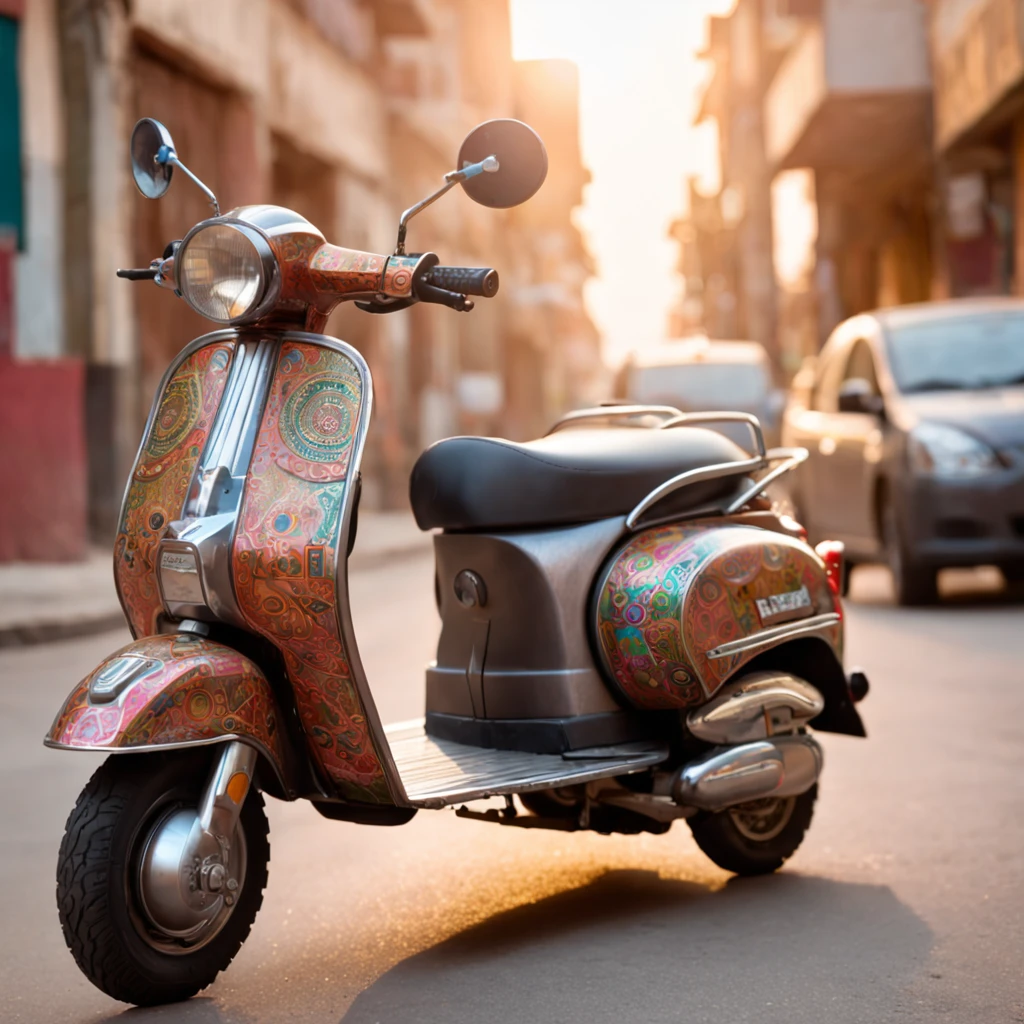 A vividly painted three-wheeled scooter (tuktuk) with intricate designs, set against a cinematic sky with soft lighting and a warm sun glare. The design features bright, bold colors and magic realism elements, showcasing the unique style of Pakistani truck art. In the background, a cityscape adds depth and context to the scene