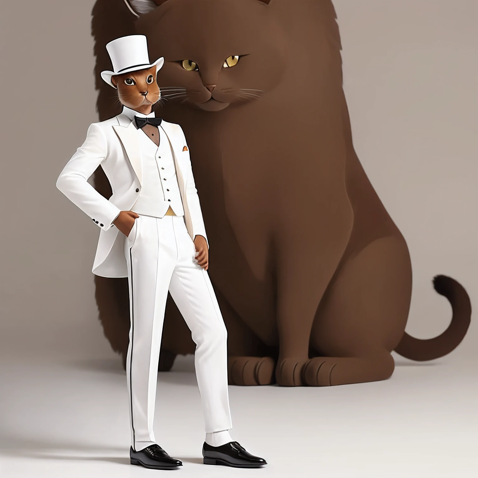 Alone, ((Brown cat in white tuxedo and white pants))、Full body shot+shoe+Standing、White top hat