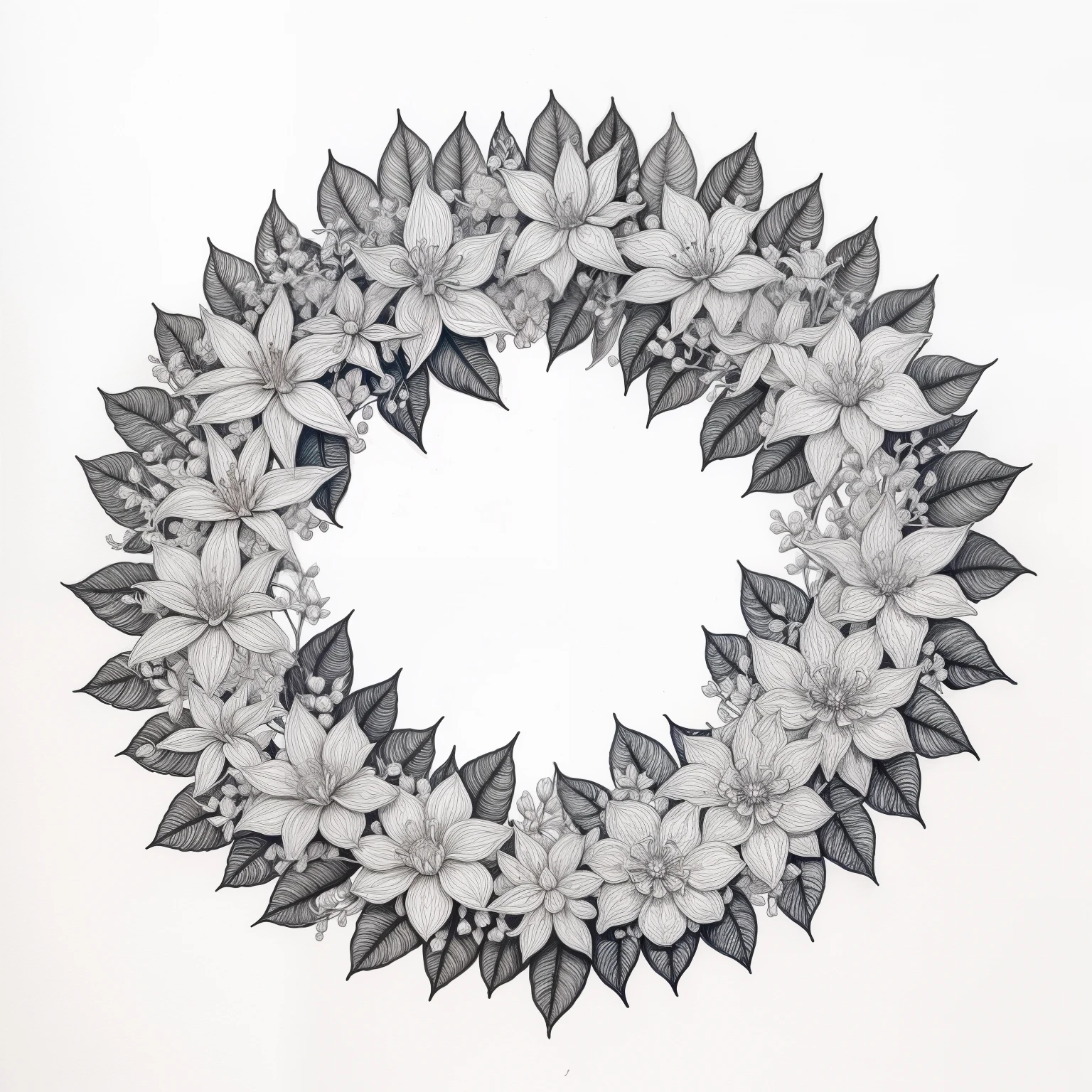 Color There are wreaths made of leaves and flowers..., Black and white line drawings. Semi-realistic, Shadowless, 8K highly detailed lines, 8K highly detailed lines, Highly detailed drawings, In Gouache detailed drawings, Side Gouache illustration, Very detailed drawings, Realistic drawing details, Realistic detailed drawings, Made from leaves, Detailed gouache drawings, Figure 2 of gouache, Highly detailed drawings