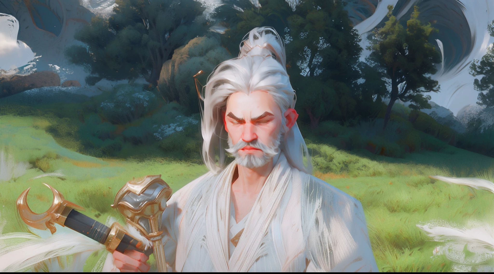 In the field there is a white-bearded man with a sword, Inspired by Huang Shen, thancred waters, White hair and white beard, zhao yun, thancred waters in style of wlop, he has dark grey hairs, dwarf with white hair, fit male demon with white horns, detailed white long hair, silvery skinned male elf