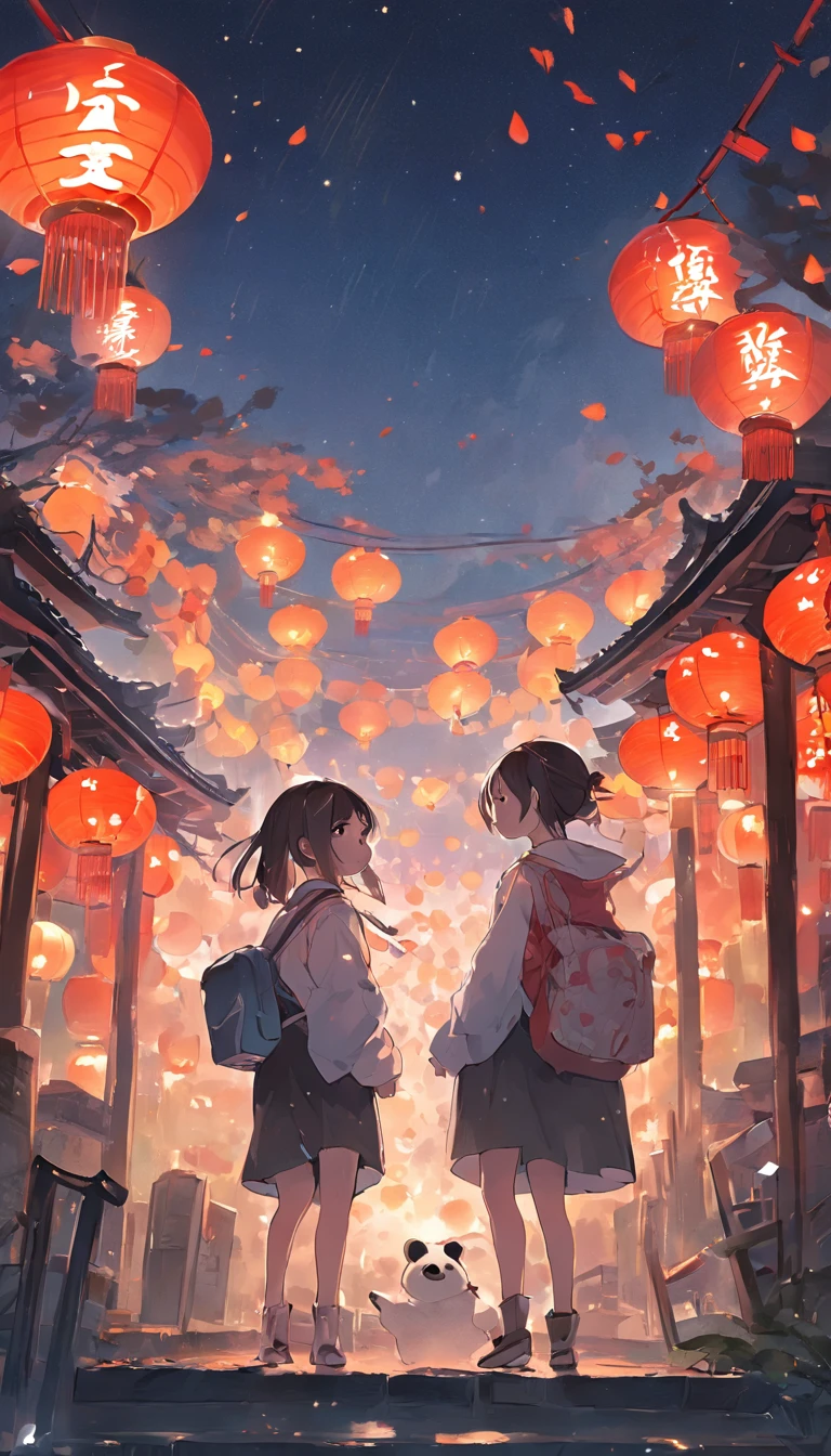 On a peaceful autumn night,A bright full moon hangs high in the clear blue night sky,A little star shines。In a beautiful square,Two cute pandas standing below the moon,They silently look ahead,As if waiting for an important moment。
Traditional celebratory installations are arranged in the square,Bamboo lanterns and art installations dot the entire environment,Adding a mysterious atmosphere to the festival。The stalls are filled with mooncakes of various flavors,Exudes an enticing aroma,People waiting to taste。and as night falls,The lights light up gradually,It adds a unique color to the square。
In the night sky,Gorgeous fireworks bloom,Bring the whole celebration to a climax,People looked up at the sky,Cheering and celebrating the Mid-Autumn Festival。The moment was filled with tradition and a spirit of celebration,It presents an unforgettable artistic picture。