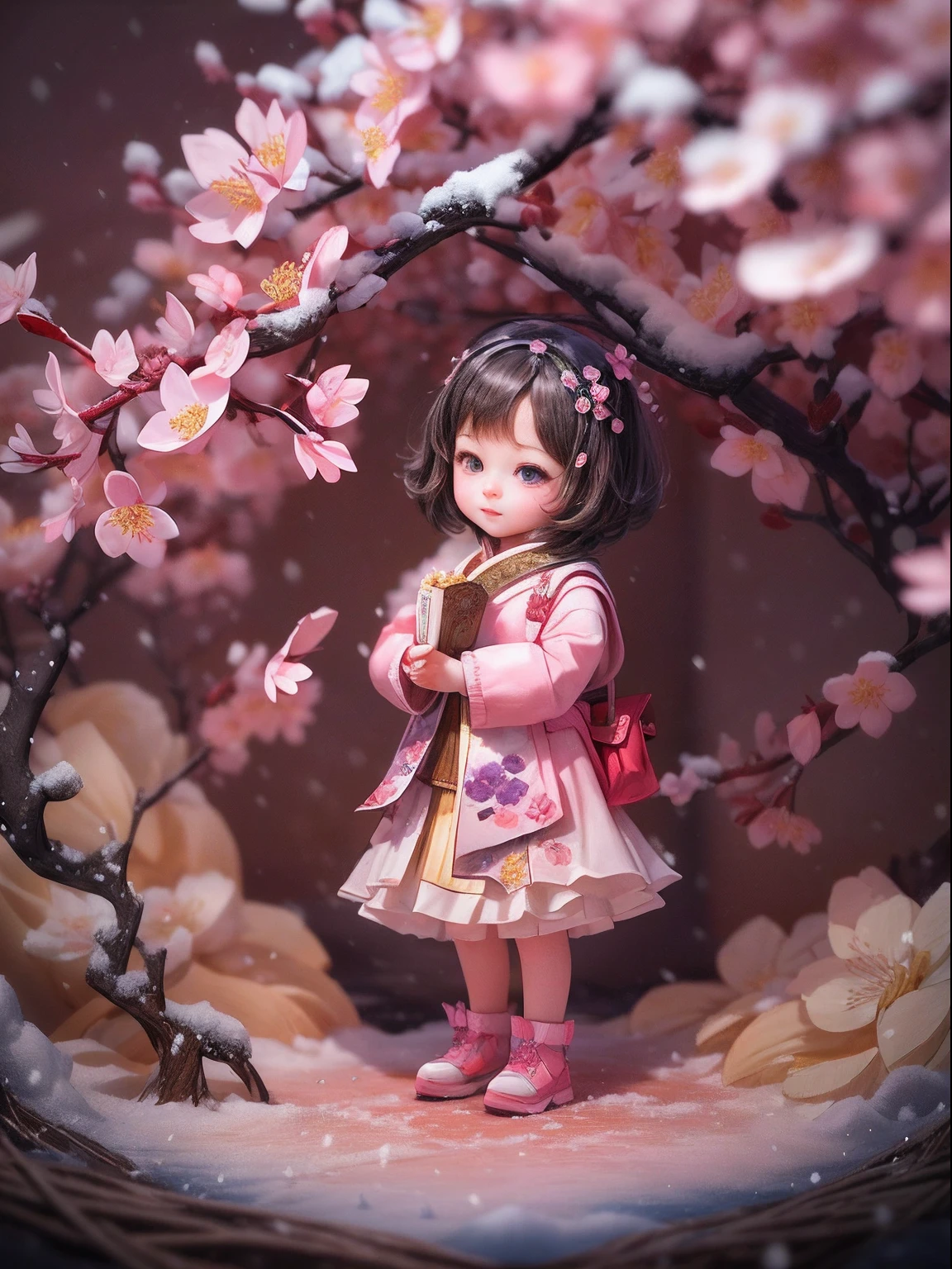 illustration: 1.3), (paper art: 1.4) a 3D render, , (cute female child:1.3), (Representative work plum blossoms:1.2)(Masterpiece snow:1.2) , Colorful, Best quality, Detailed details, Masterpiece, offcial art, movie light effect, 4K, Chiaroscuro , Flash