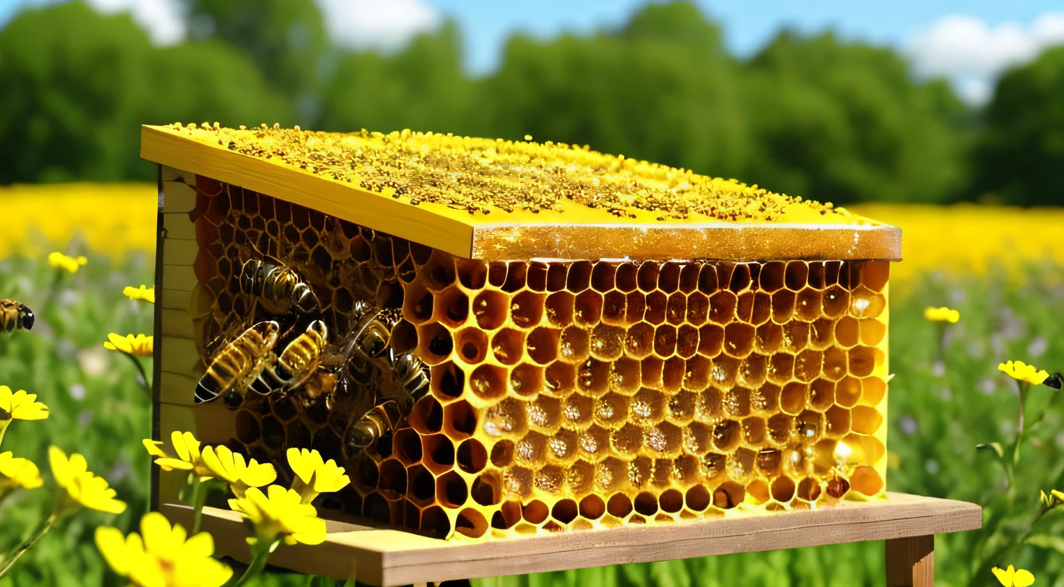 Beehive close-up,There are a small number of bees on it, Surface hive, Brooding spread, Honey and honeycomb, honey, honeycomb structure, honeycomb, Large compost, Ul, honeybee, elaborate composition, Porous hive,Hive opening,Honey flows from the opening of the hive,honeybee,Bees collect honey,flower field,Surrounded by flowers,Field environment,Honey stream,Sweet liquid,Bee collection,blossoms,pollen,The hive is in the middle of a flower field,Bees collect nectar,Honey drips down,Viscous honey liquid