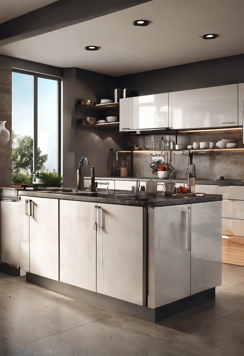 modern kitchen，Gorgeous renovation，refrigerator，cupboard，Wide scene，in a panoramic view，From the outside, hyper HD, High details