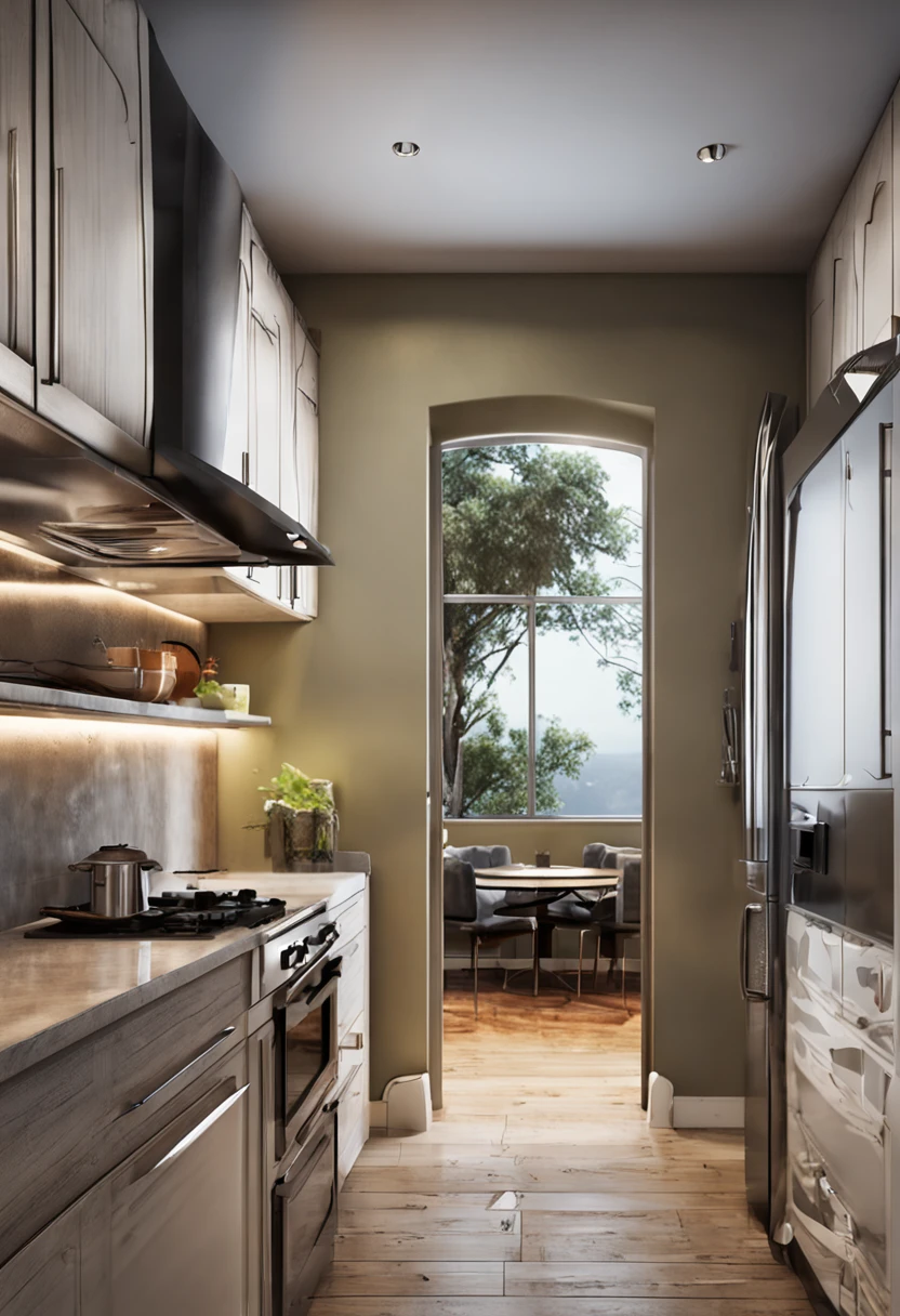modern kitchen，Gorgeous renovation，refrigerator，cupboard，Wide scene，in a panoramic view，From the outside, hyper HD, High details