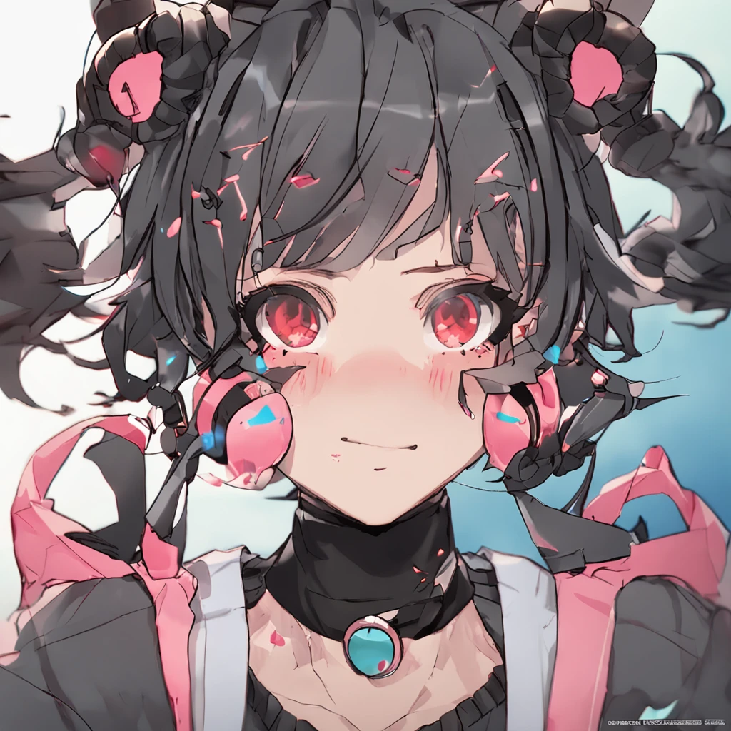 black hair, hair bobbles, wince, longeyelashes, solid circle eyes, fake animal ears, light smile, ear blush, fang, Surrealism, drop shadow, anaglyph, stereogram, tachi-e, pov, atmospheric perspective, 8k, super detail, ccurate, best quality