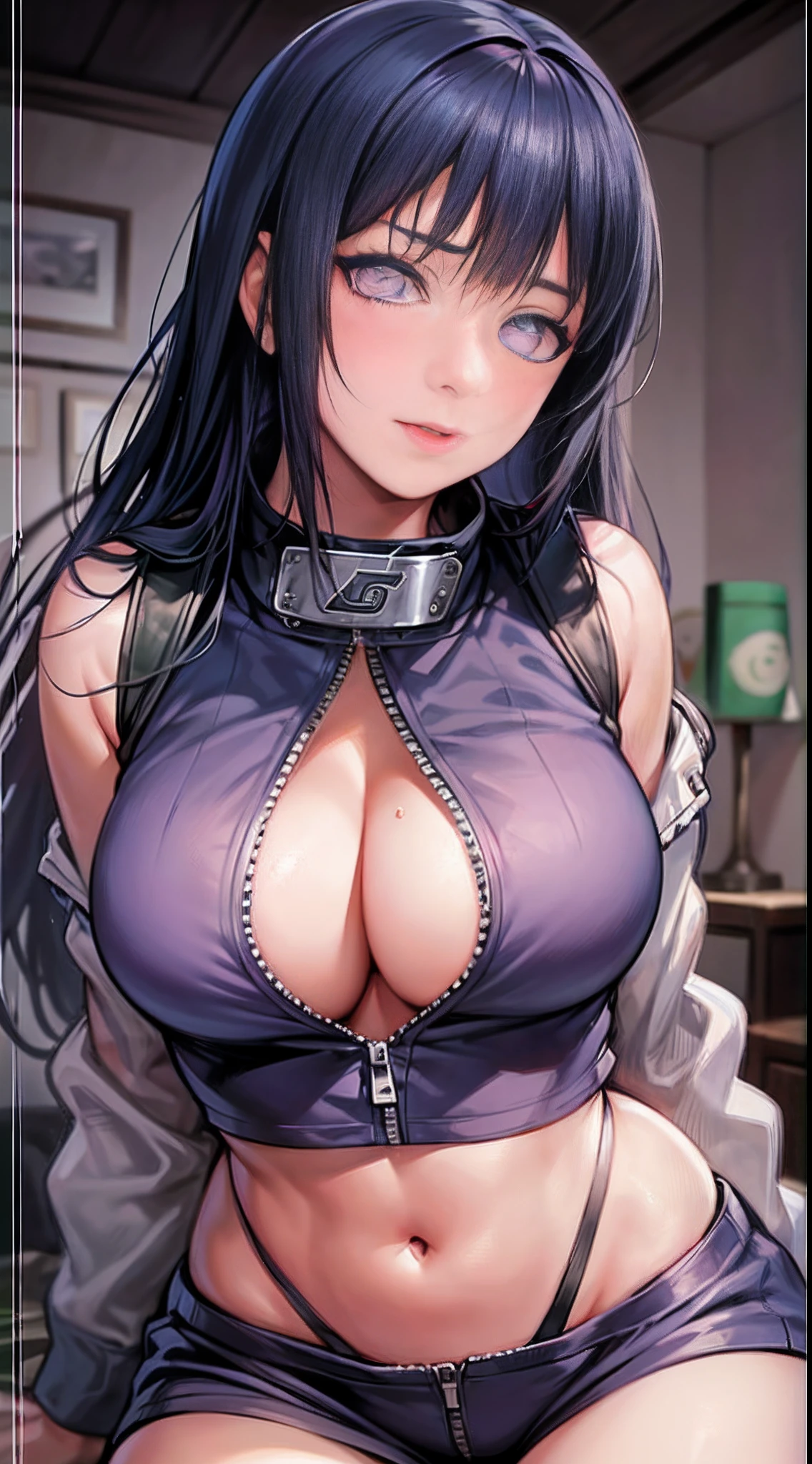 ​masterpiece, high resolucion, High image quality, Detailed face, Detailed Body Rendering, 1 gal, Solo, hinata hyuga, Hinata sleeveless outfit, large full breasts, large full breasts, sleeveless shirts, Mesh Tower, dark lips, unzipped jacket, No bra, Chest Out, Standing, blushful, (in a bedroom), varied pose