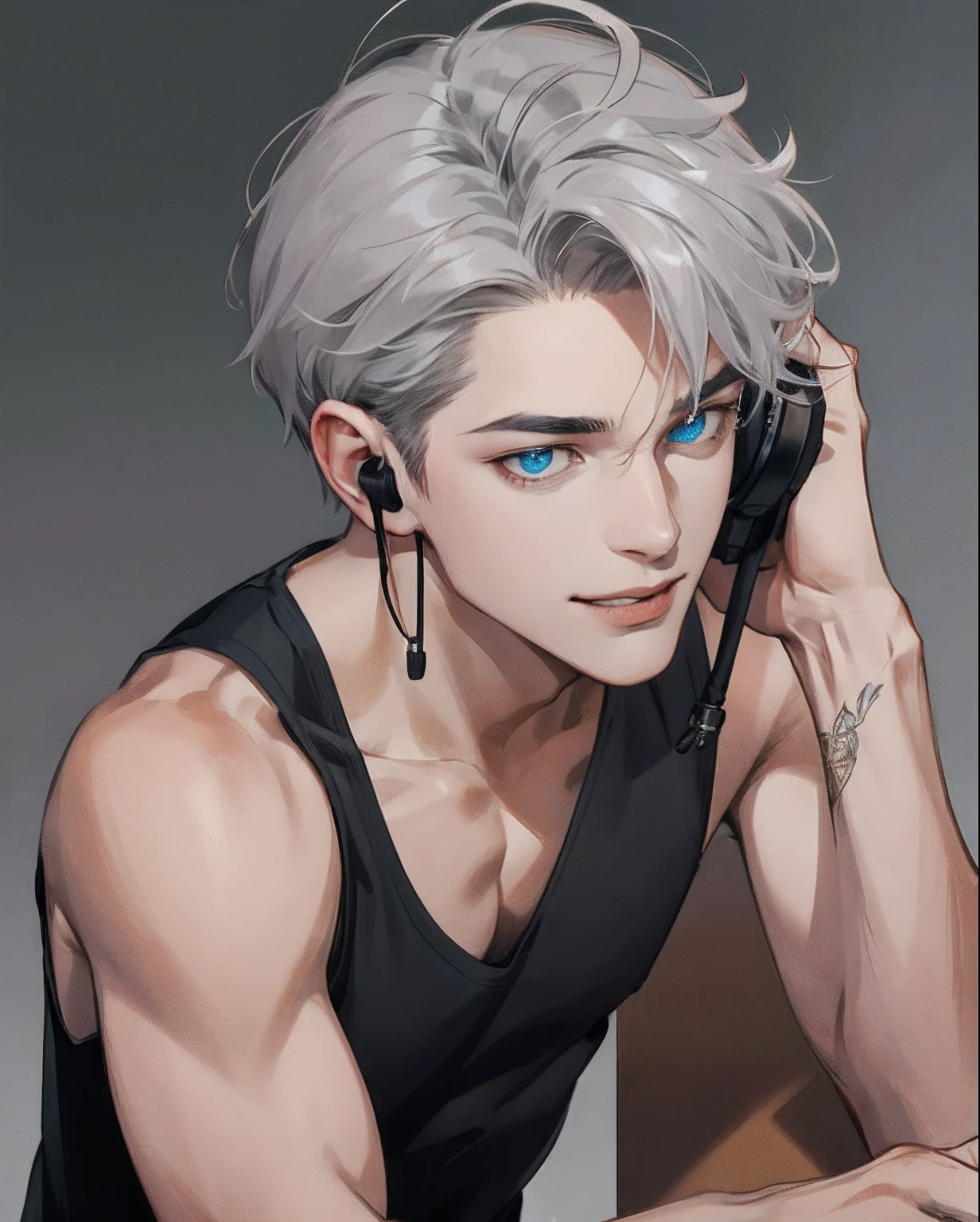 (extreamly delicate and beautiful:1.2), 8K,(tmasterpiece:1.0),(best_quality:1.0), 1 boy, and intricate detailing, Enlarged textures, and intricate detailing, finely eye and detailed face, and intricate detailing, playfully slightly smile, messy grey hair, 19 years old, blue soft eyes, wear tight black tank top, modern style, sly face, wearing headphone, muscular