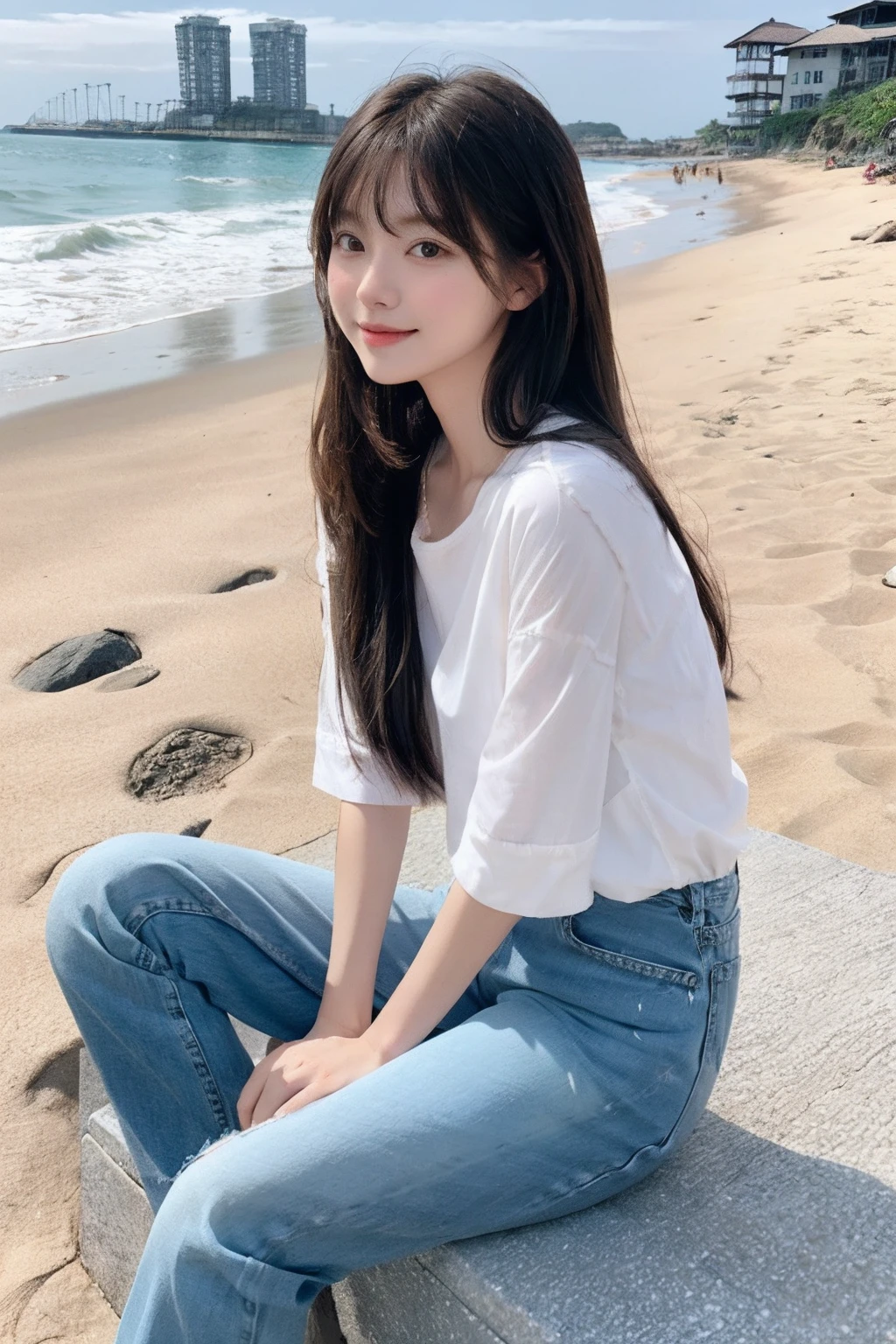 long whitr hair、By bangs、denim pant、Sit Pose、beachside